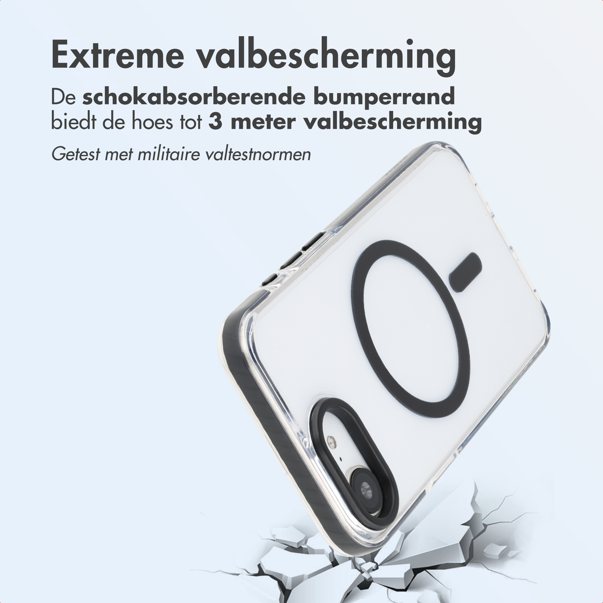 Transparentes Handyhülle mit schwarzem Kreis auf weißem Hintergrund, zerbrochener Boden.