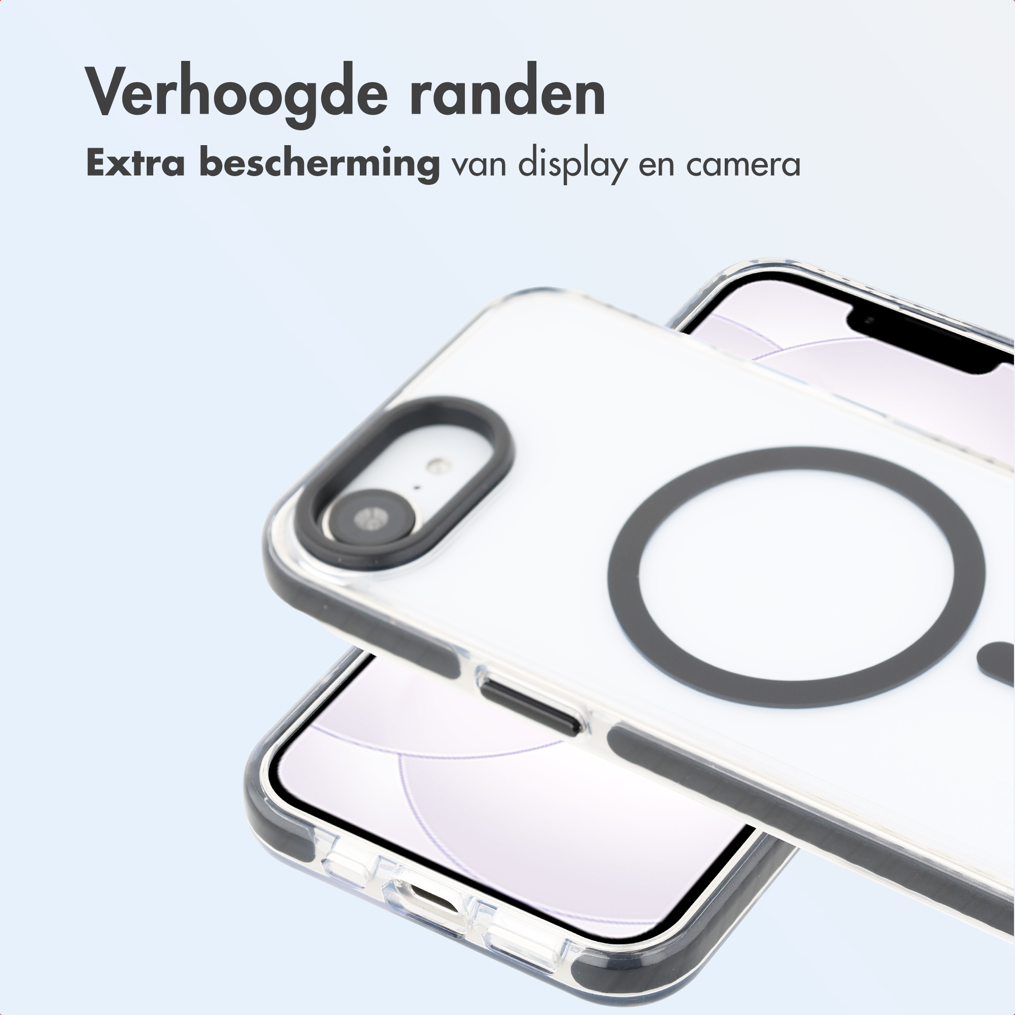 Transparente Handyhülle mit erhöhtem Rand für Kamera und Display.