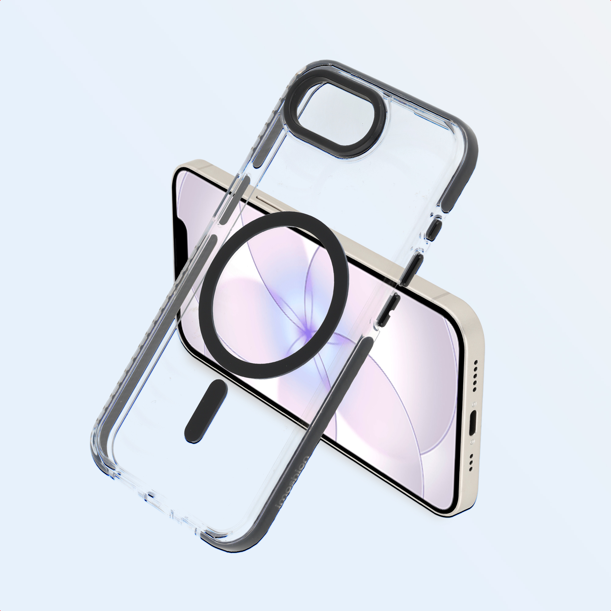 Ein durchsichtiges Handyhülle liegt über einem Handy mit MagSafe-Ring.