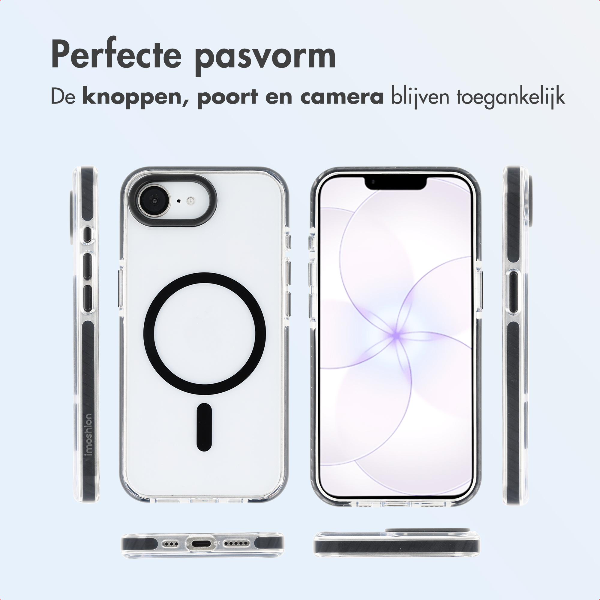 Klare iPhone-Hülle mit schwarzem Kreis und Magnetring. Zeigt Vorder-, Rück- und Seitenansichten.