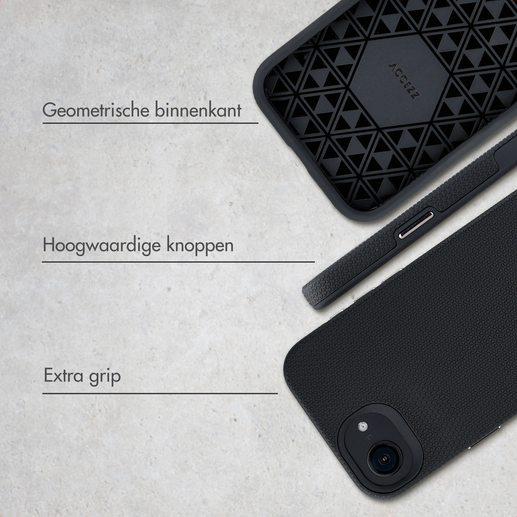 Zwarte telefoonhoes met geometrisch patroon en verhoogde knoppen.