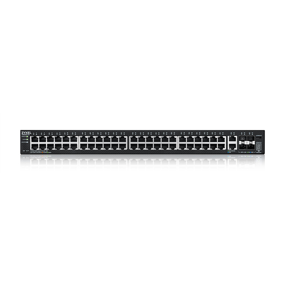 Ein schwarzer Zyxel Netzwerk-Switch mit vielen Anschlüssen und Status-LEDs.