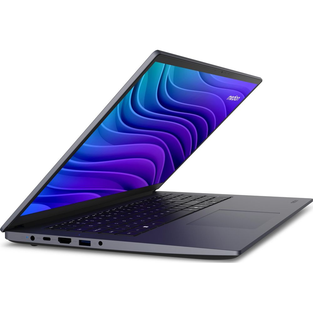 Un laptop scuro aperto mostra un'immagine di sfondo ondulata blu e viola.