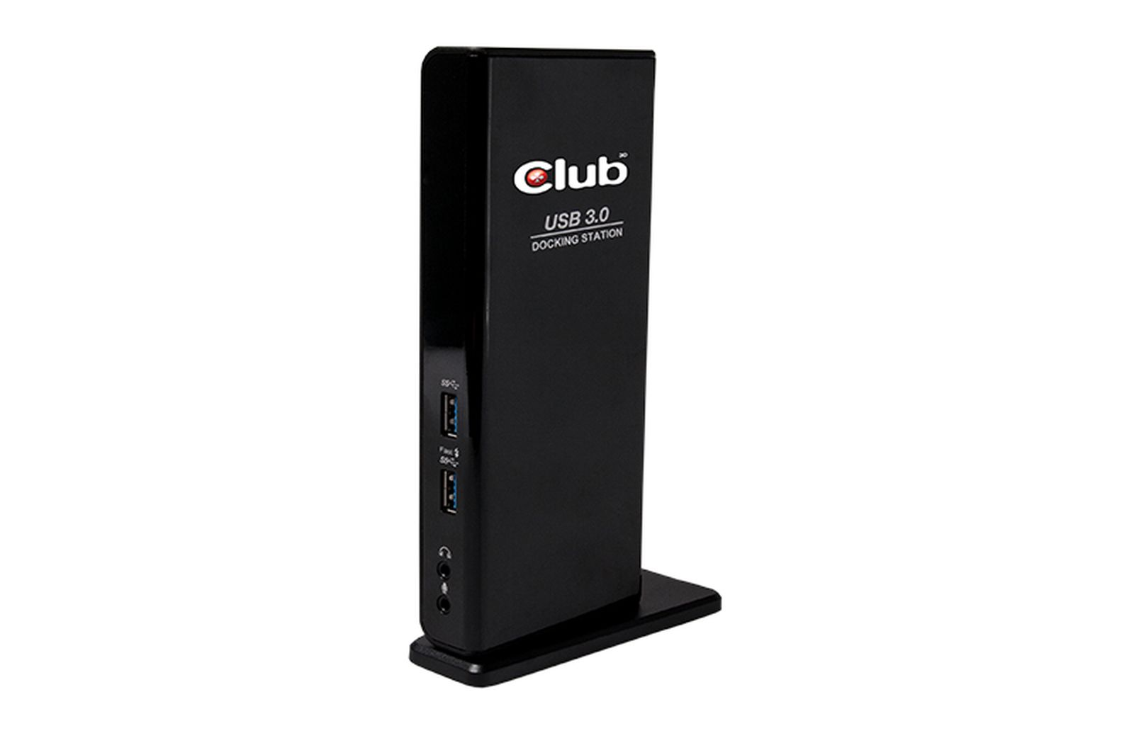 Schwarze Club USB 3.0 Dockingstation mit Anschlüssen an der Vorderseite auf einem Ständer.