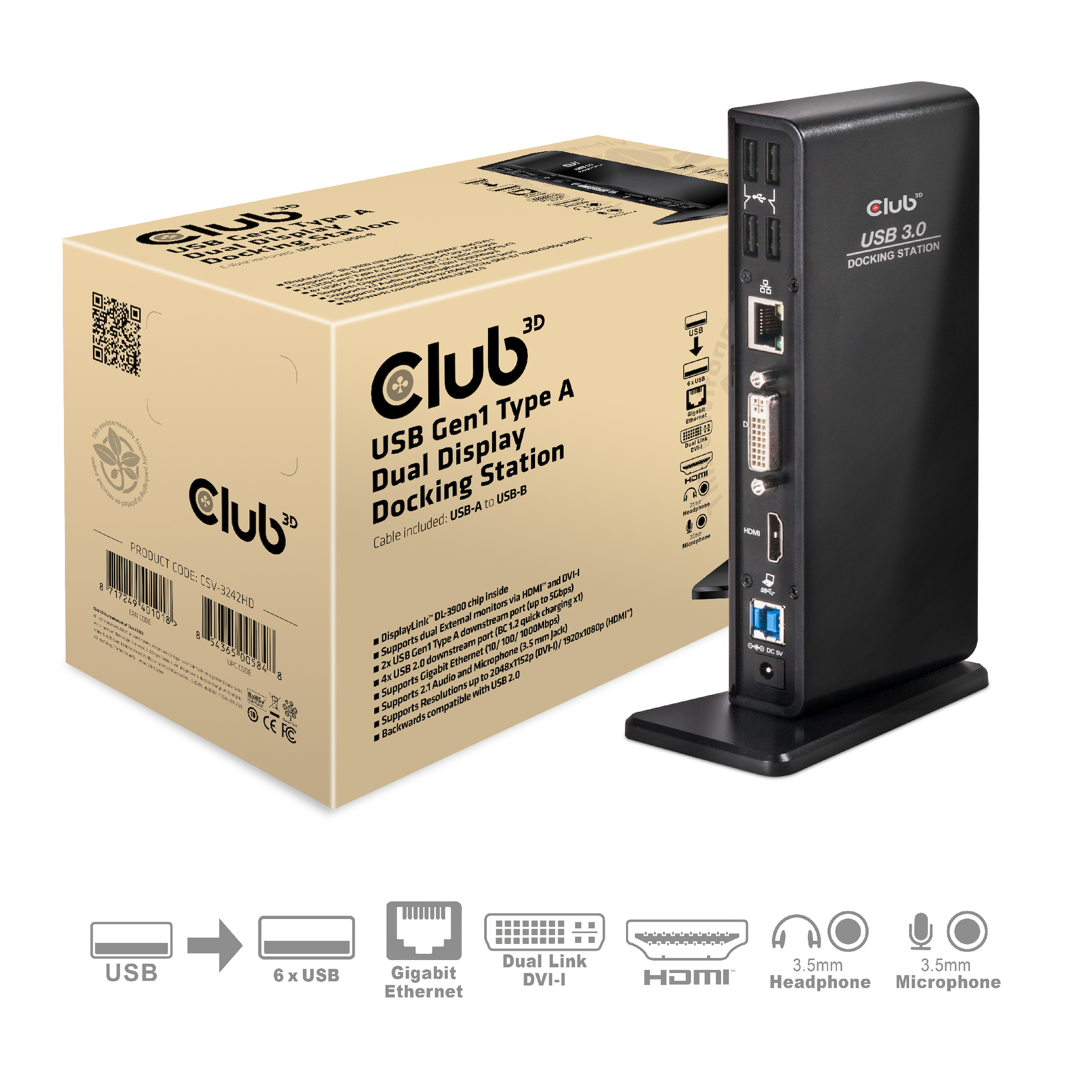 Club 3D USB 3.0 Docking Station mit Box. Enthält Dock, Anschlüsse und Icons.