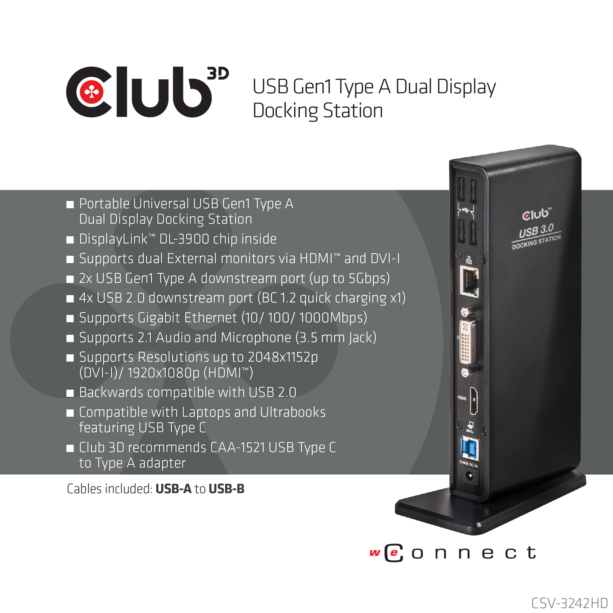 Club 3D Docking Station mit USB 3.0 Anschlüssen, HDMI, DVI und Ethernet.