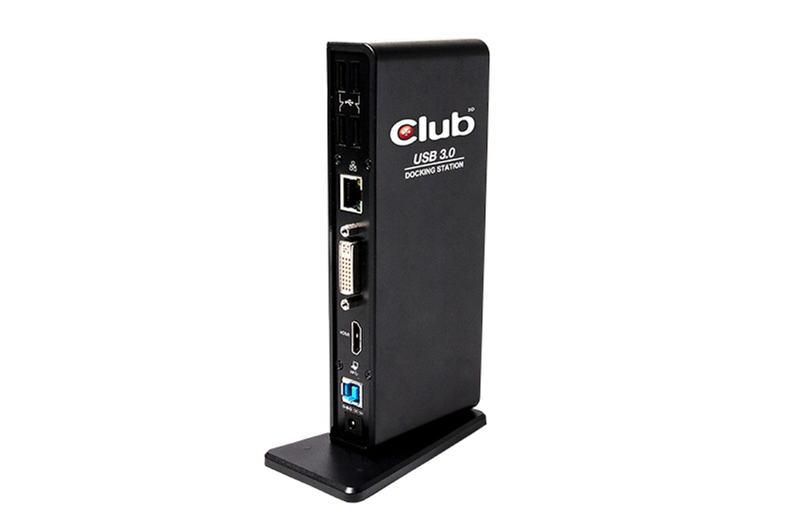 Schwarze Club USB 3.0 Dockingstation mit Anschlüssen: Ethernet, DVI, HDMI, USB.