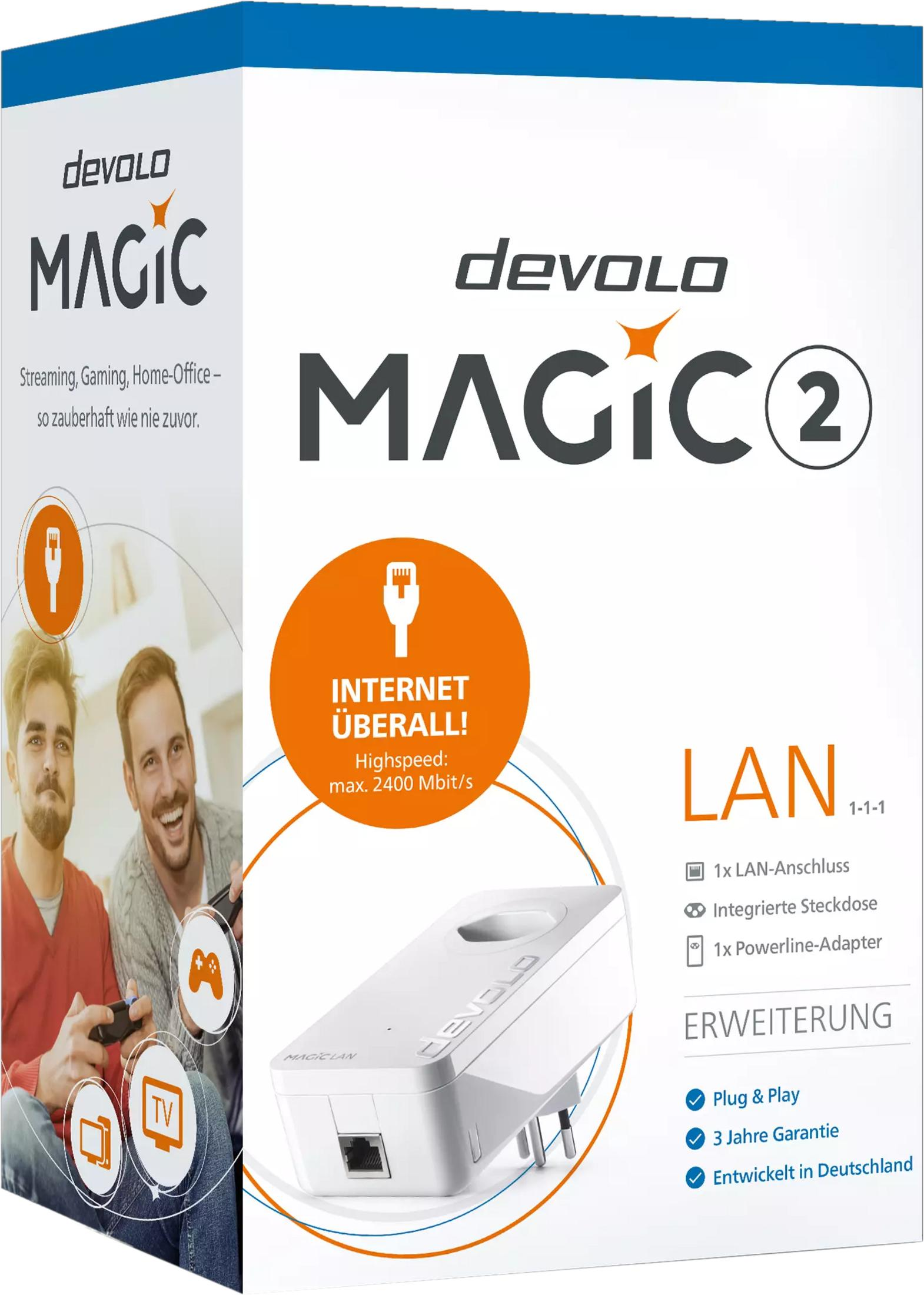 Adattatore Devolo Magic 2 Powerline con due persone che giocano, connessione LAN