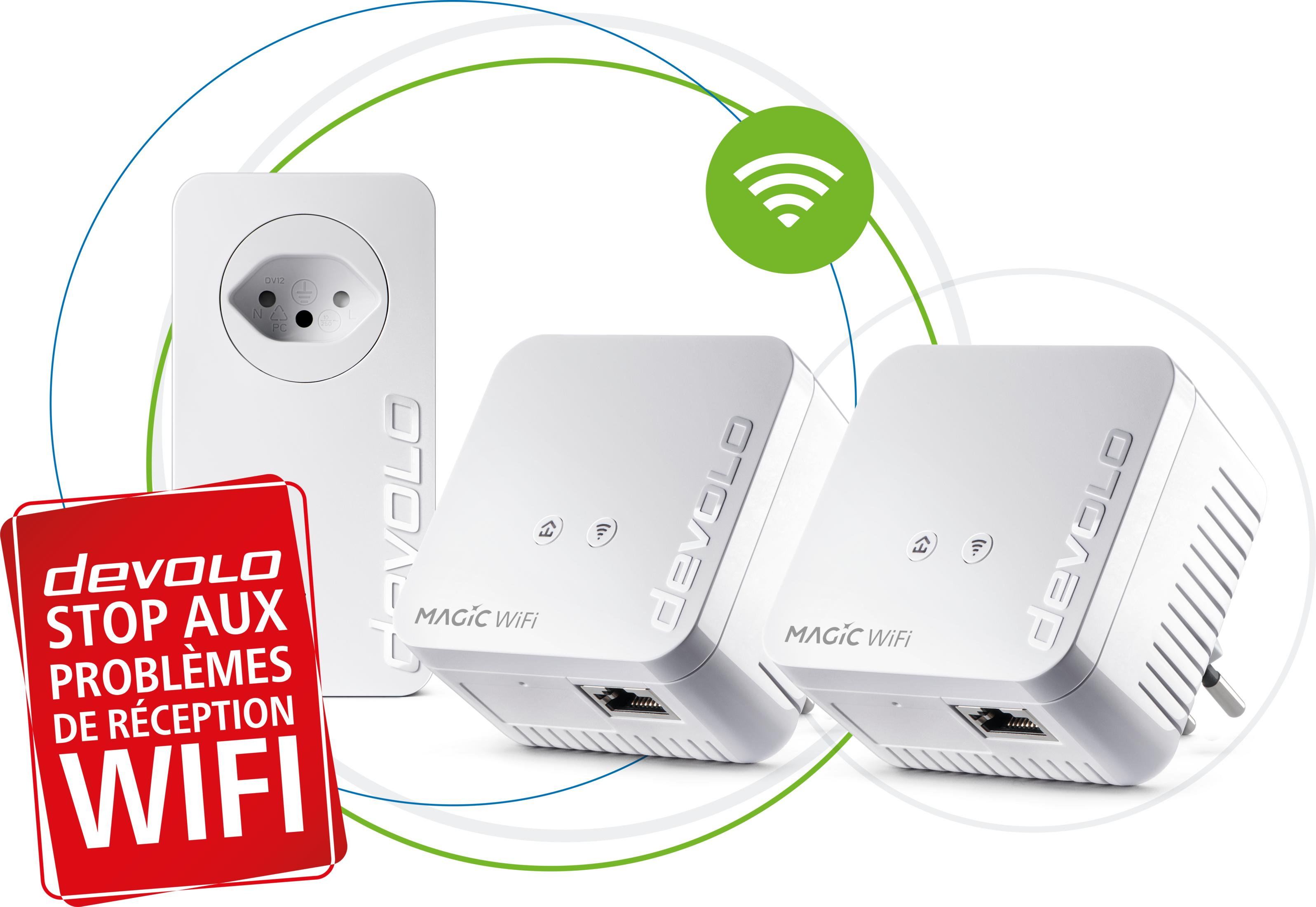 Drei weiße Devolo Magic WiFi Powerline-Adapter mit Steckdose und WLAN-Symbol.