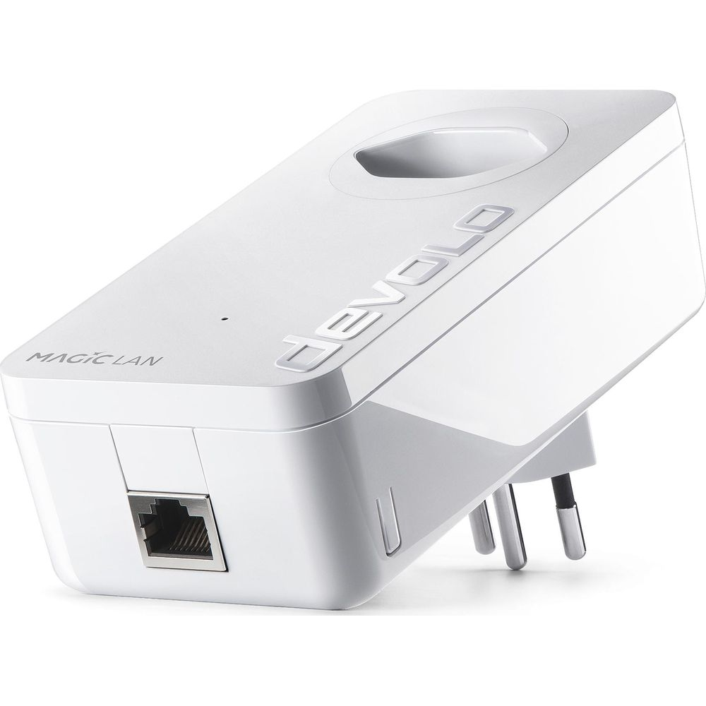 Ein weißer Devolo Magic LAN Powerline-Adapter mit Ethernet-Anschluss und Stecker.