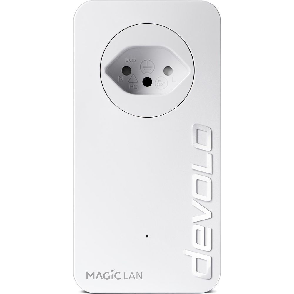 Ein weißes Devolo Magic LAN-Gerät mit einer Steckdose und dem Logo.