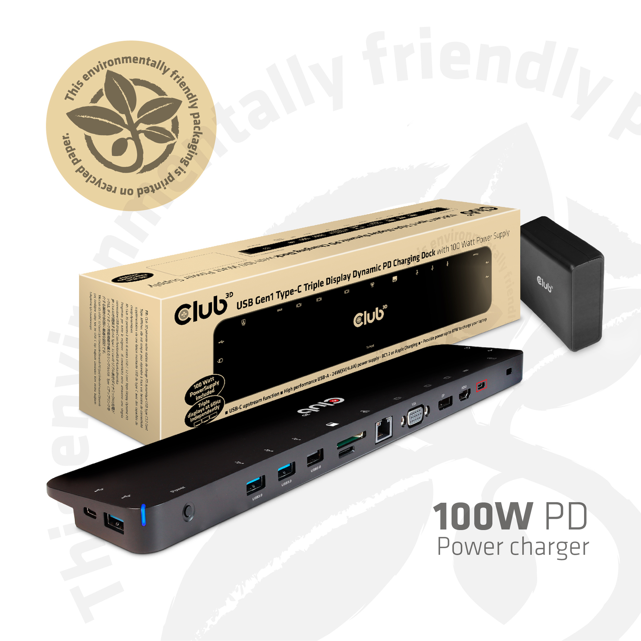 Schwarzer USB-C-Dockingstation mit Netzteil und Beschriftung „100W PD“.
