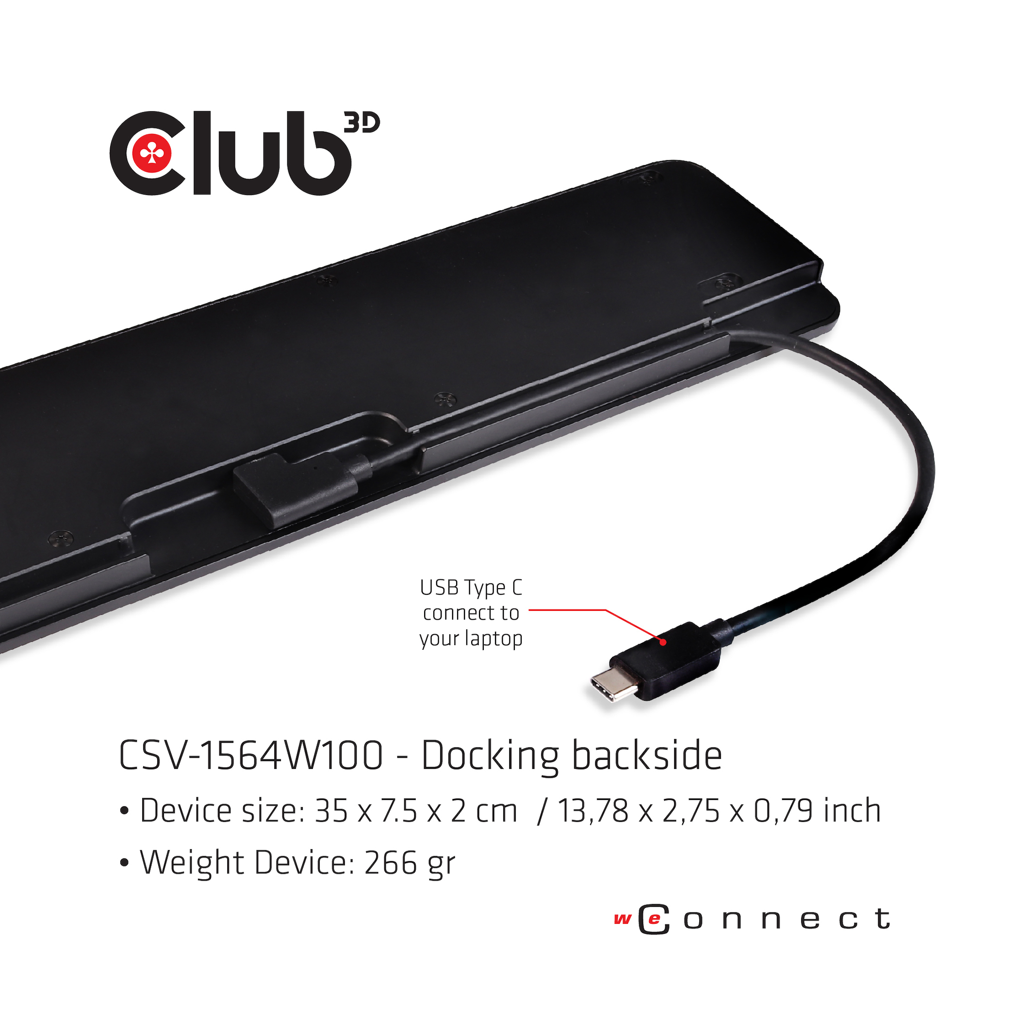 Rückseite einer schwarzen Dockingstation mit USB-C-Kabel und Laptop-Anschluss.