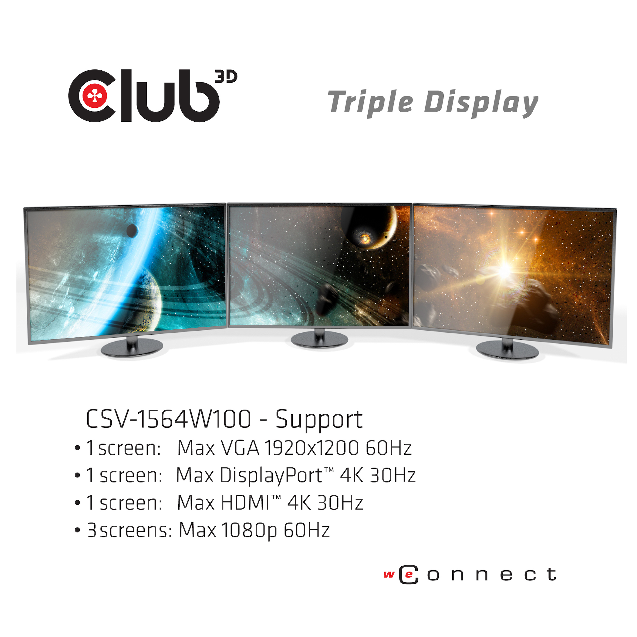 Drei gekrümmte Monitore mit Weltraumansichten, Club 3D Logo und Text.