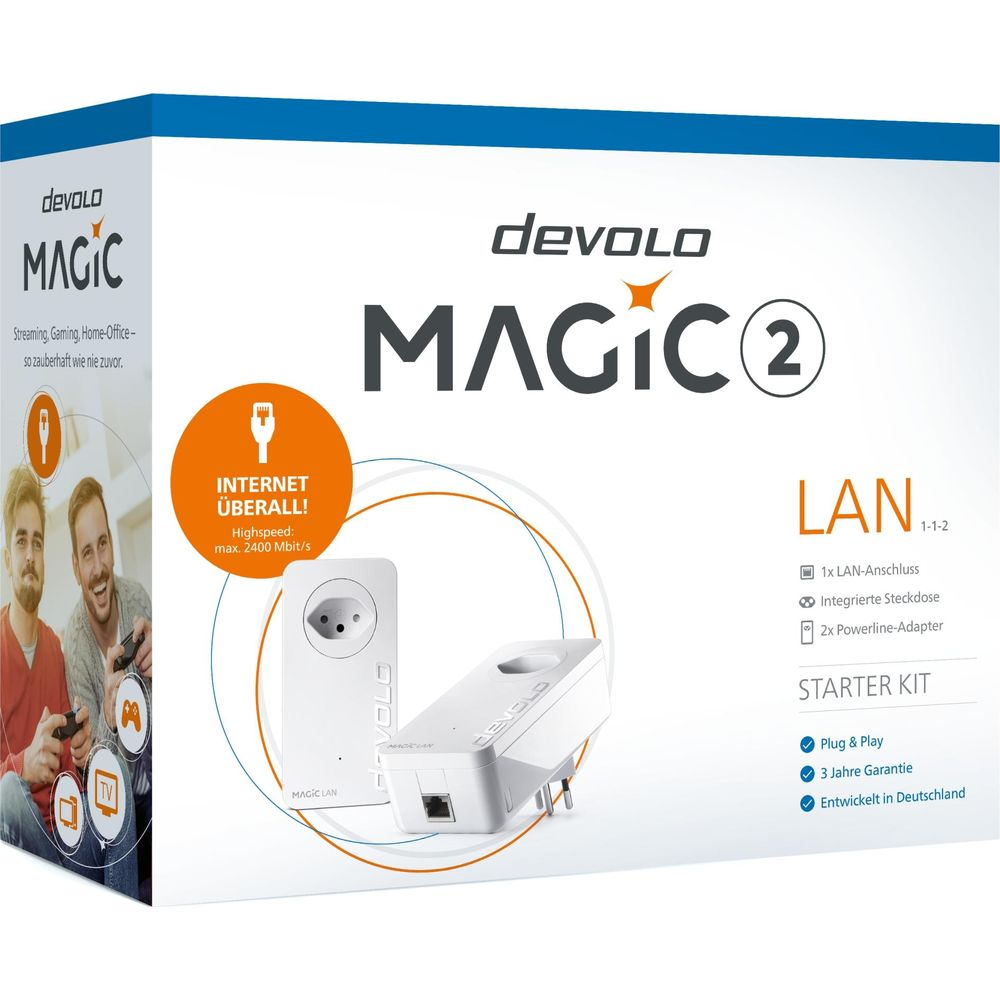 Scatola Devolo Magic 2 LAN Starter Kit con due adattatori e dettagli.