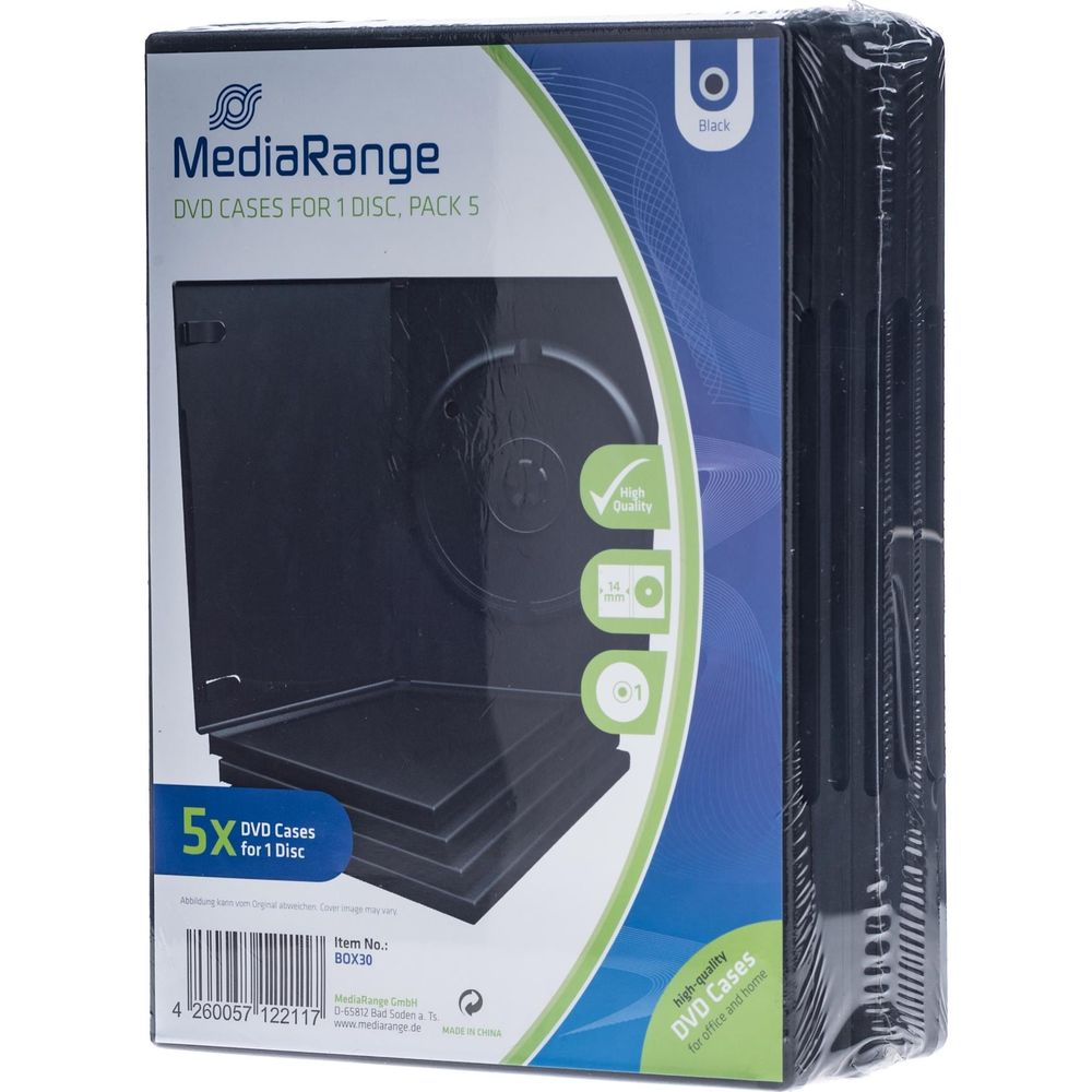 Custodie DVD nere per 1 disco, confezione da 5 MediaRange, spessore 14mm.