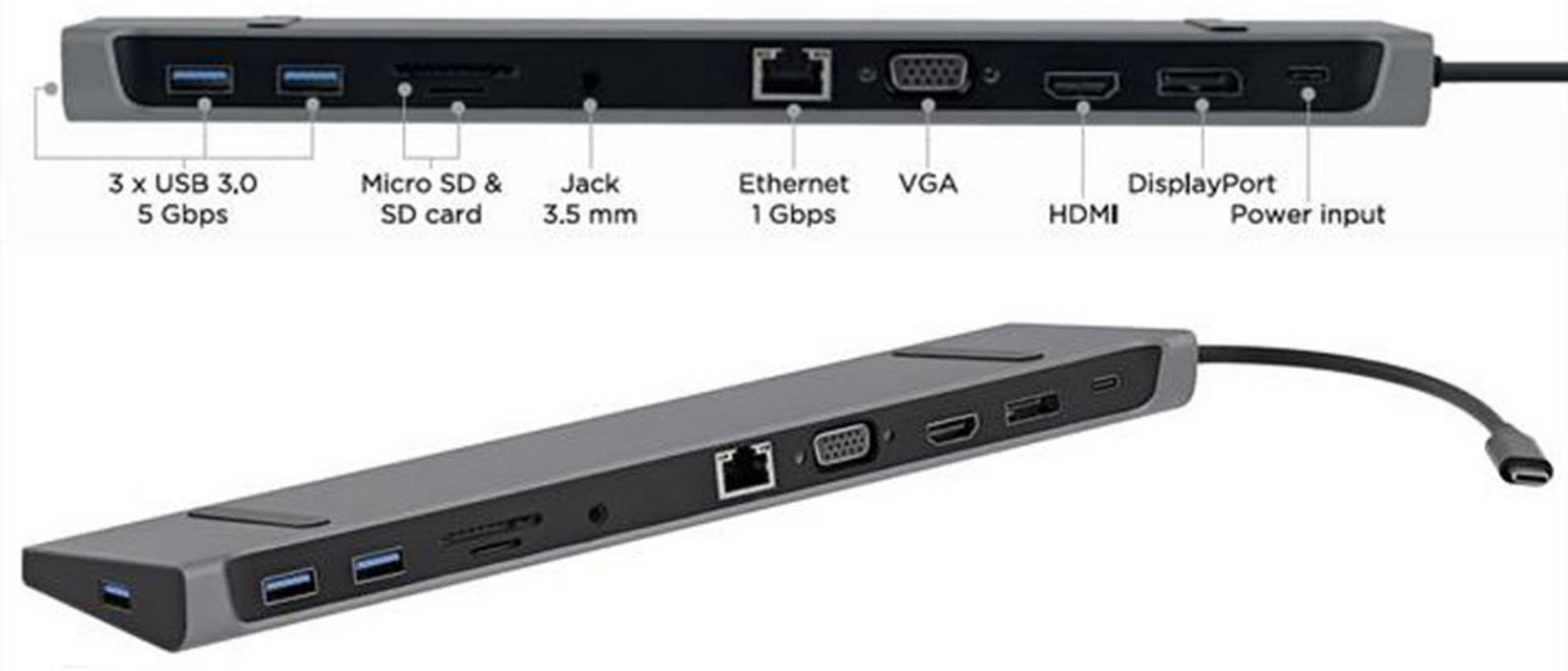 Grauer USB-C-Hub mit 3x USB 3.0, Micro-SD, 3,5mm Klinke, Ethernet, VGA, HDMI, DP.