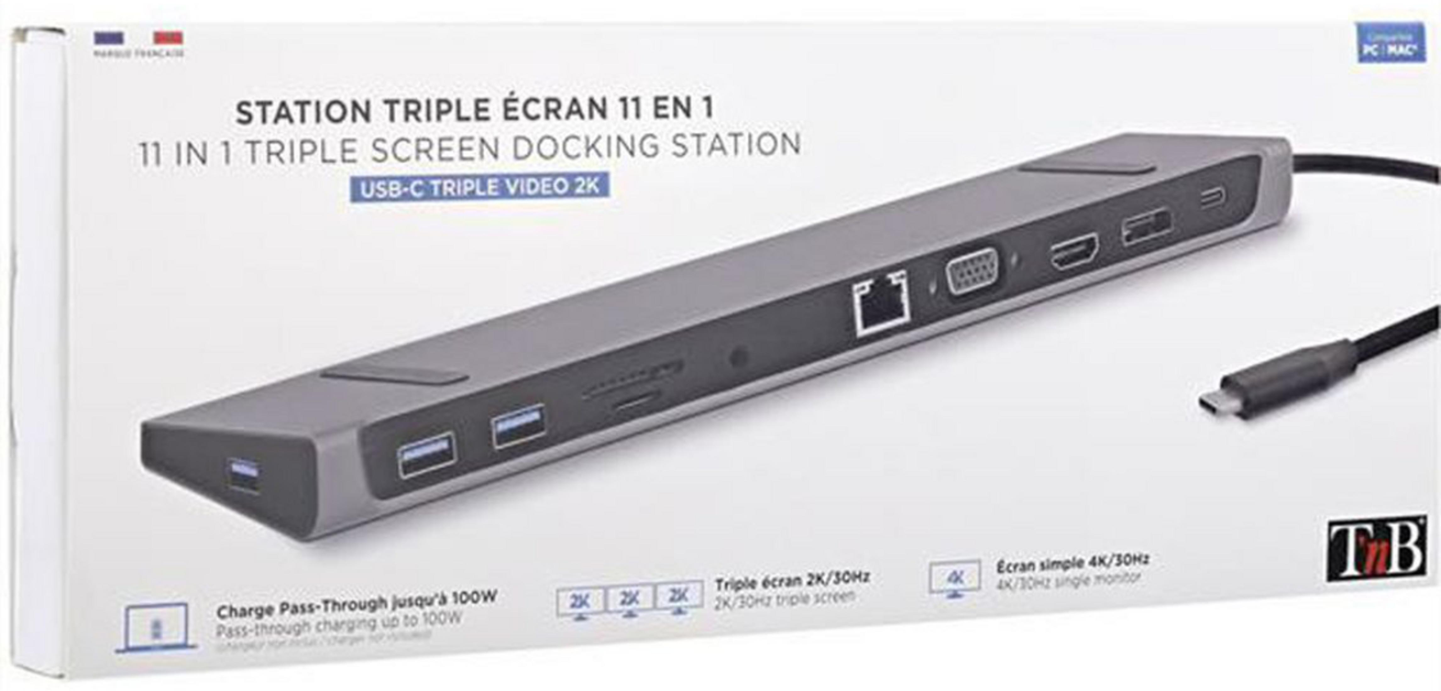 Grauer USB-C Docking-Hub mit mehreren Anschlüssen und Kabel.