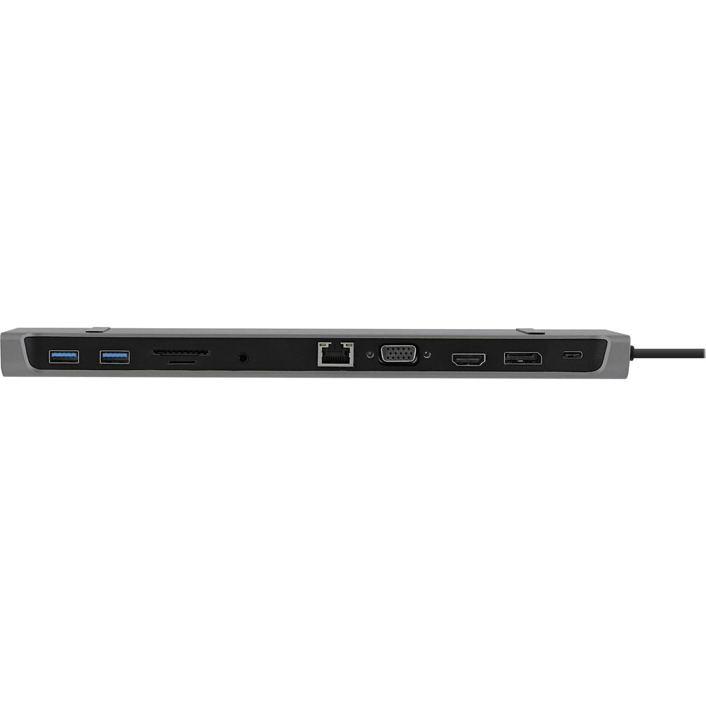 Grauer USB-C-Dock mit vielen Anschlüssen wie USB-A, SD-Kartenleser, Ethernet, VGA und HDMI.