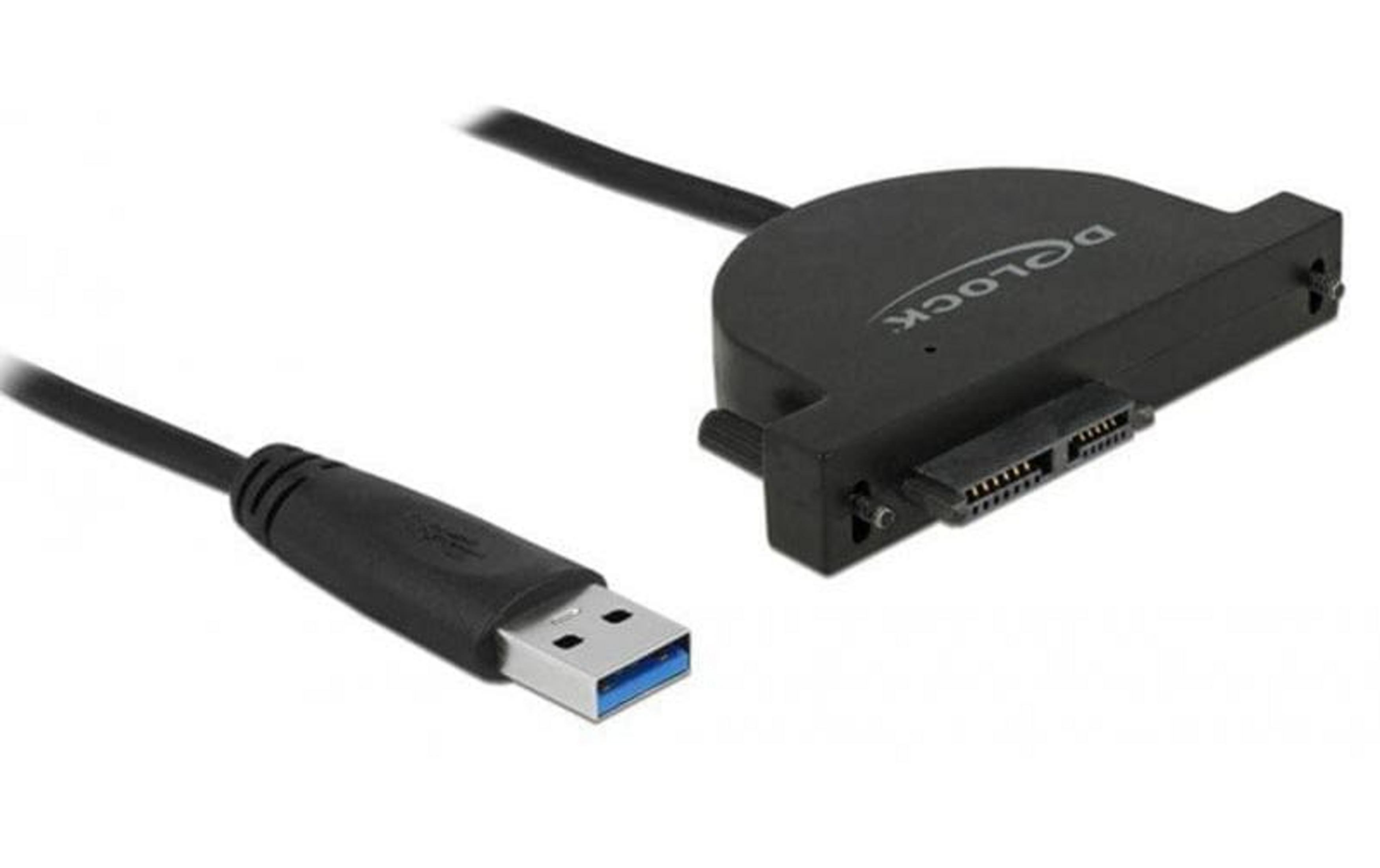Schwarzer USB-Adapter mit SATA-Anschluss und Kabel.