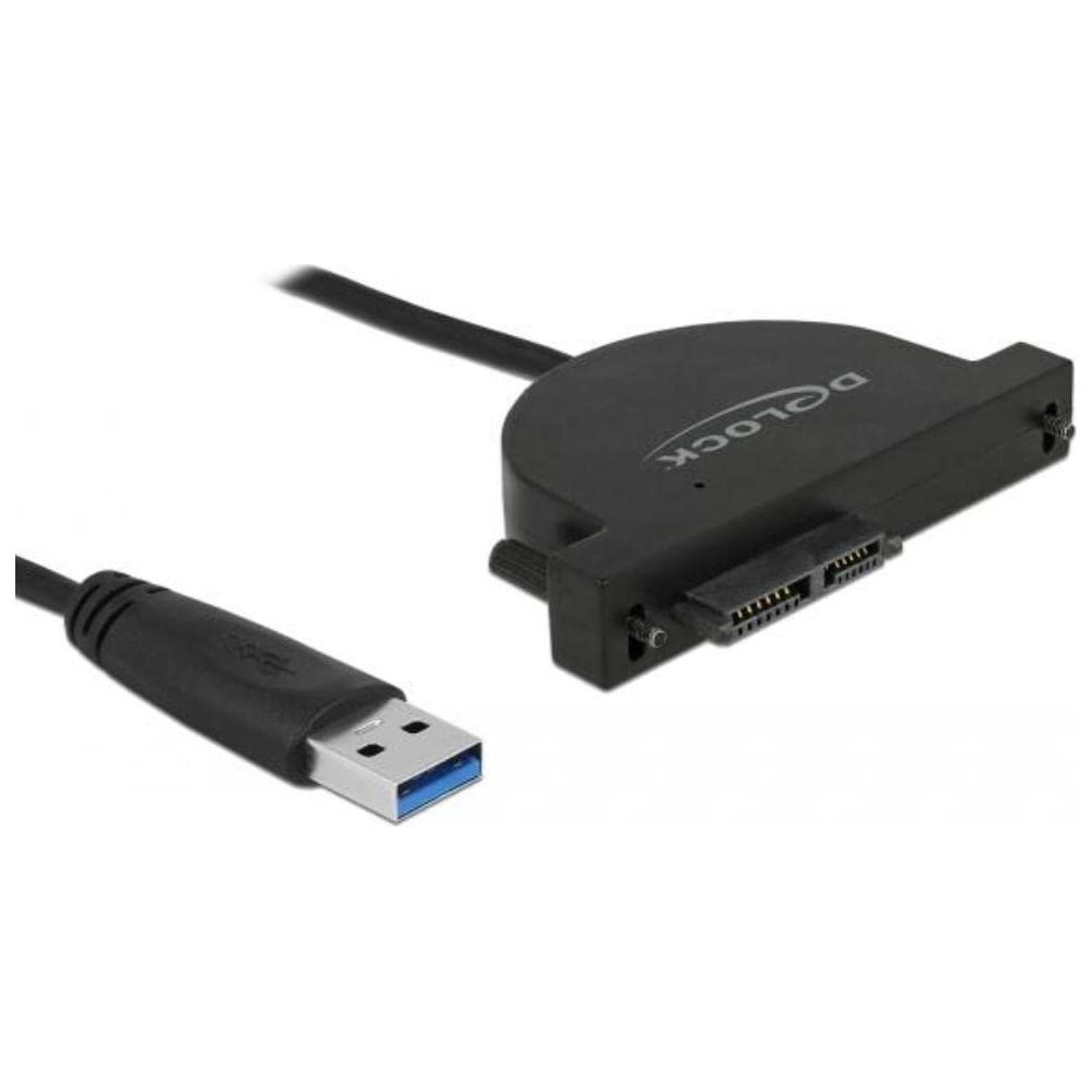 Ein schwarzer USB 3.0-zu-SATA-Adapter mit Kabel. Auf dem Adapter steht DELOCK.