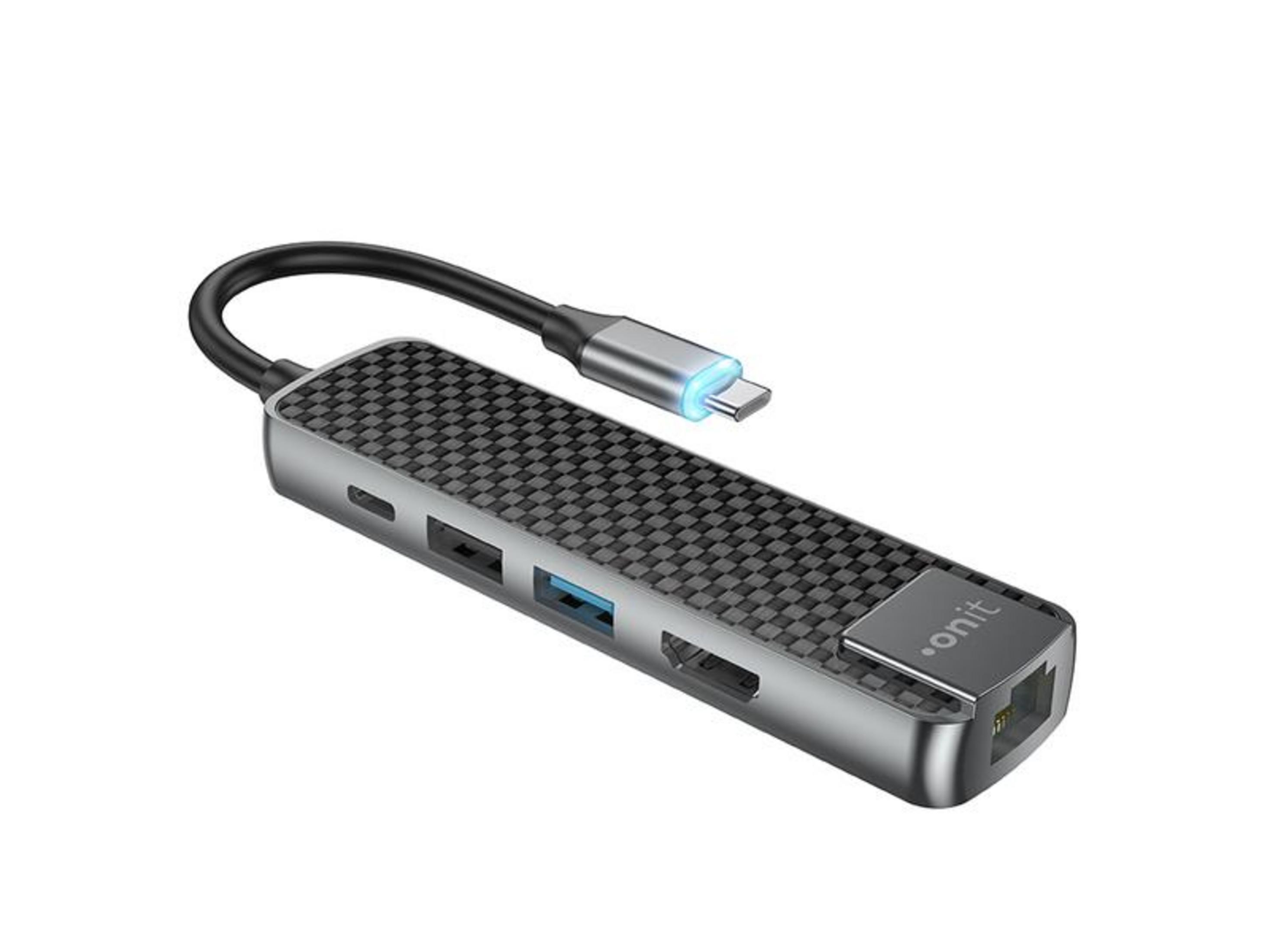Grauer USB-C-Hub mit Karbonmuster und mehreren Anschlüssen.