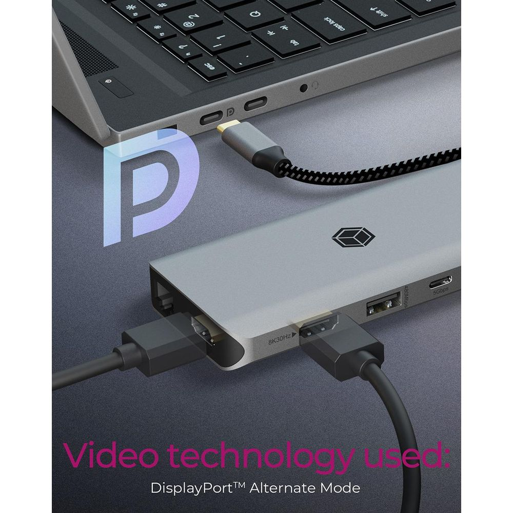 Ein silberner USB-C-Hub wird per USB-C an einen Laptop angeschlossen. Anschlüsse für 8K30Hz, 480Mbps, 5Gbps sind sichtbar.