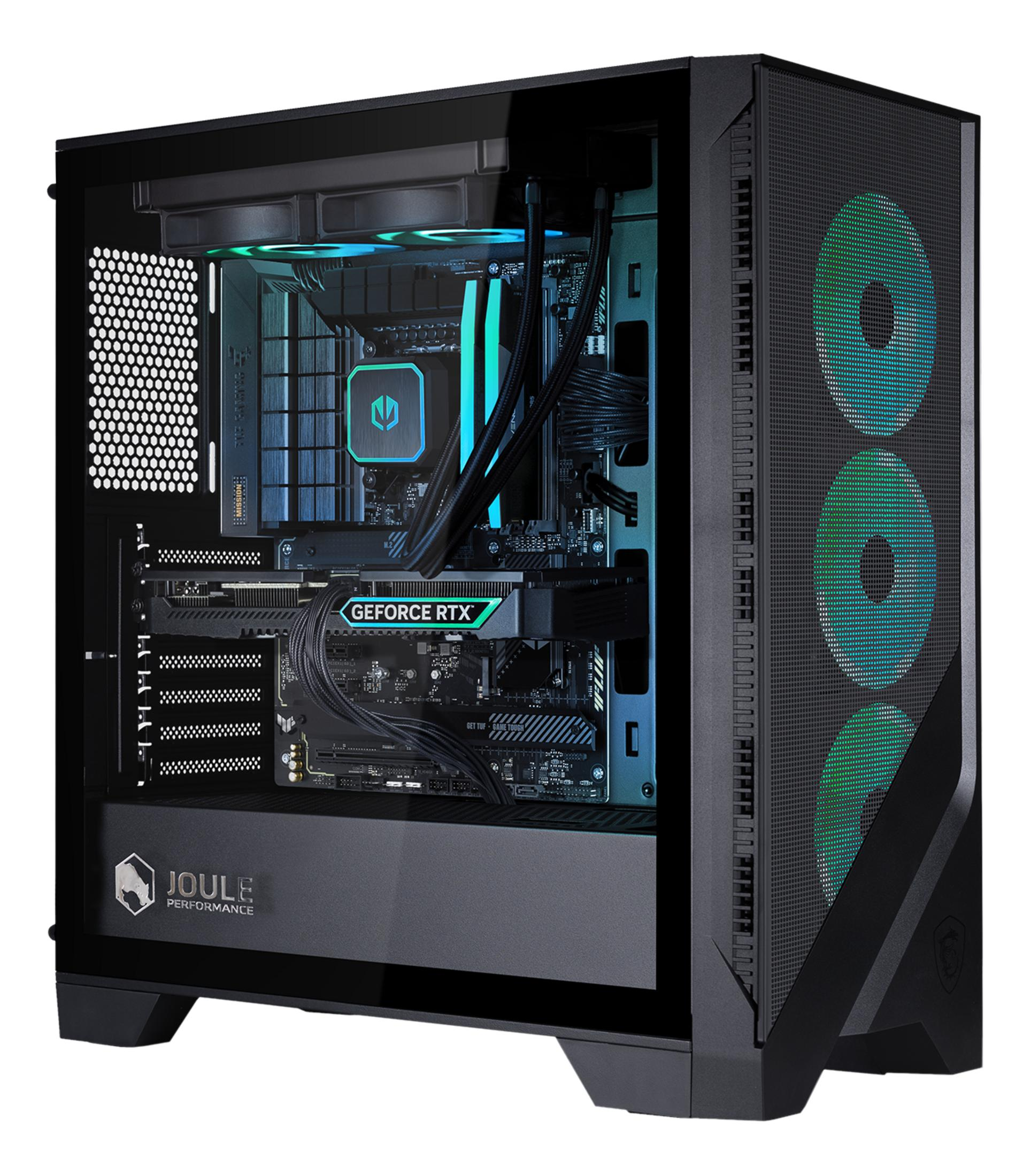 Ein schwarzes PC-Gehäuse mit RGB-Lüftern und sichtbaren Komponenten wie GPU und CPU-Kühler.