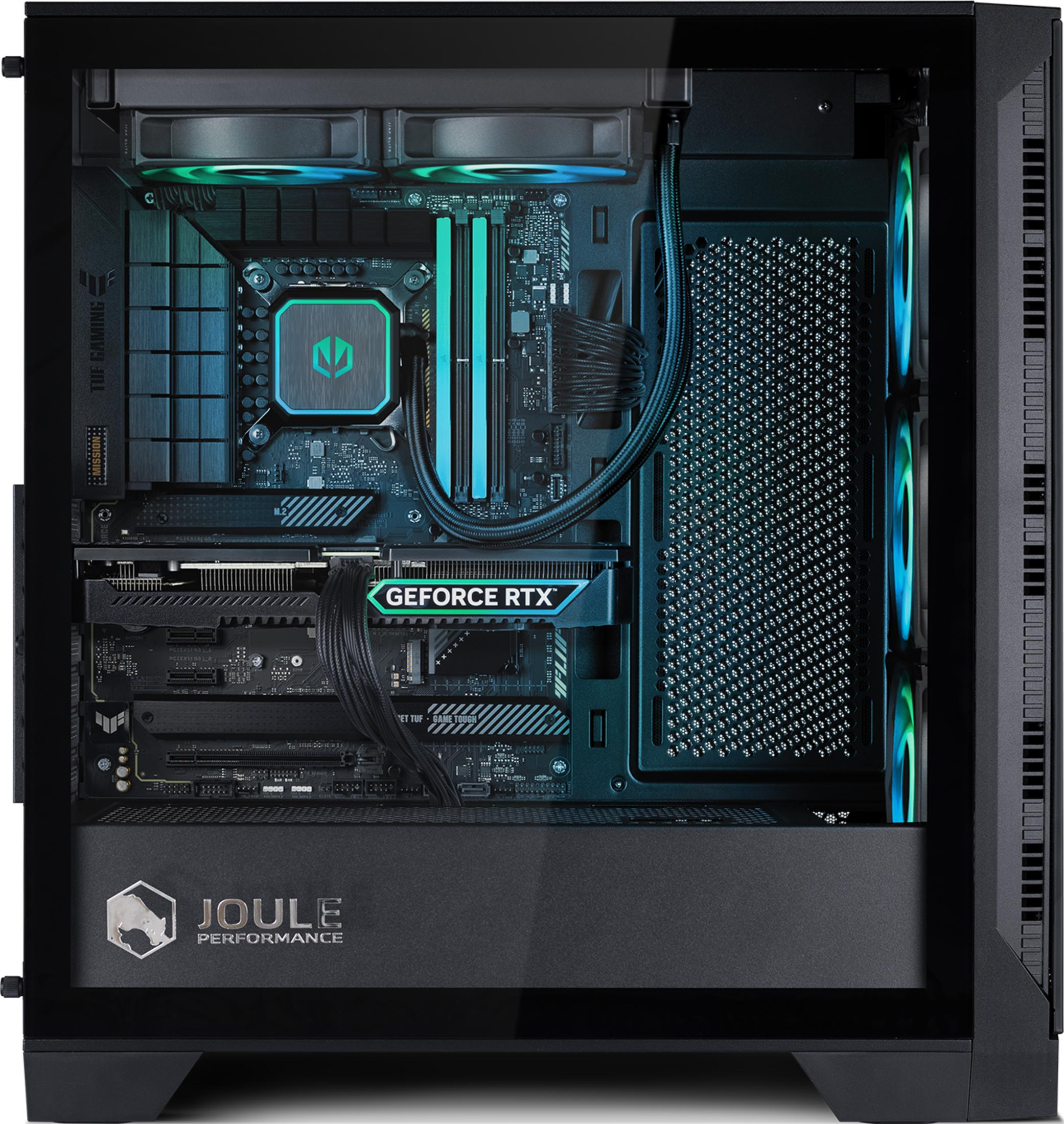 Ein offener PC-Tower mit RGB-Lüftern, Grafikkarte und Motherboard.