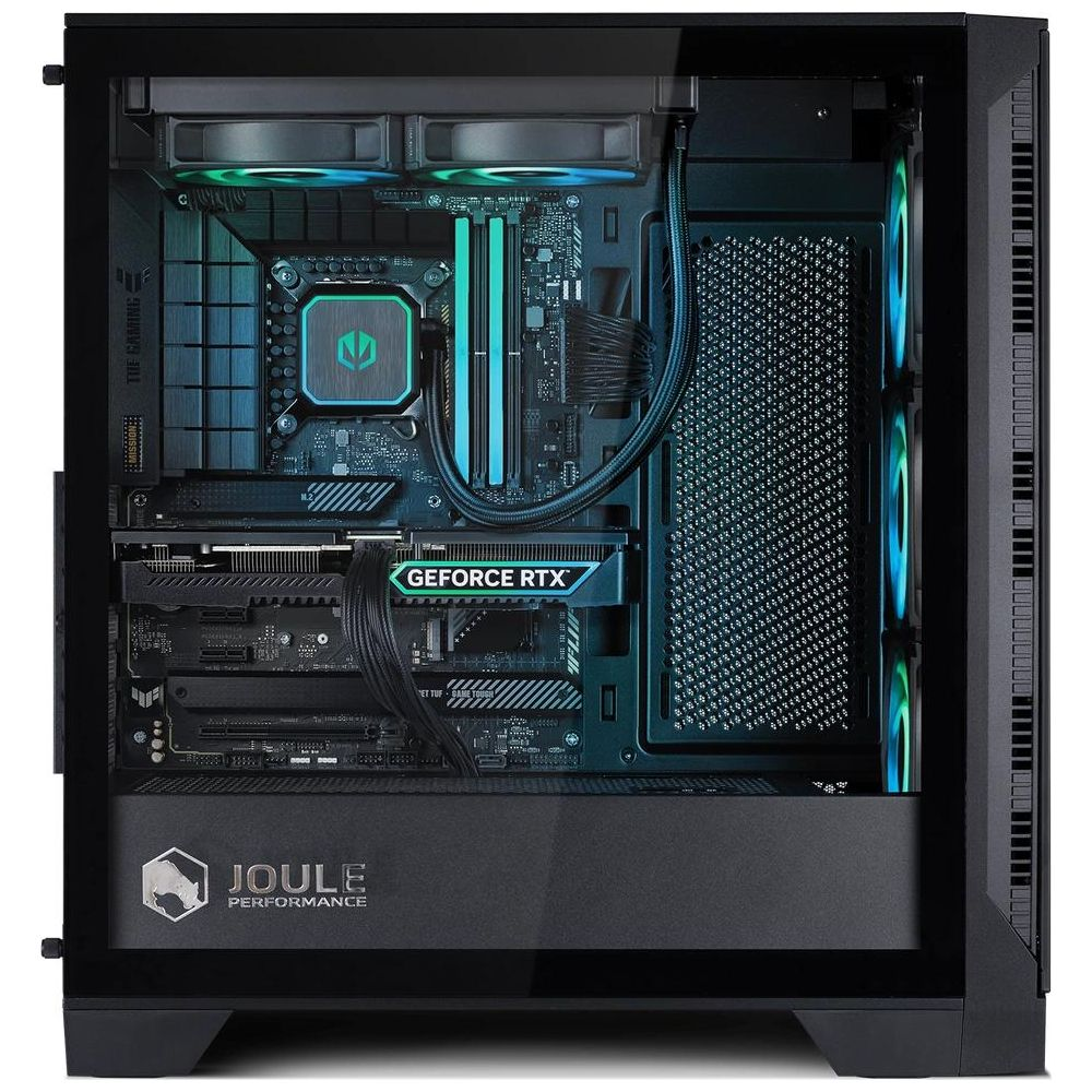 Ein schwarzes PC-Gehäuse mit beleuchteten Lüftern und Komponenten.
