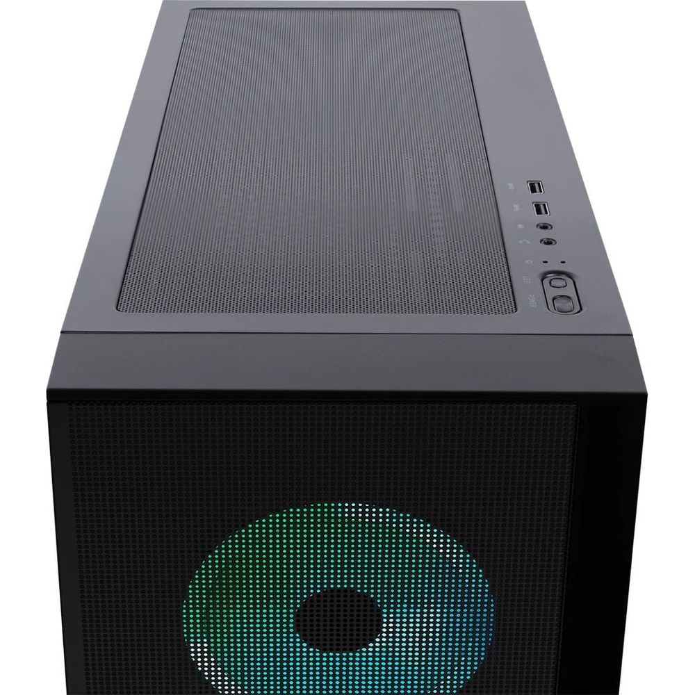 Schwarzer Computerturm mit Mesh-Front und leuchtendem grün-blauem Lüfter.