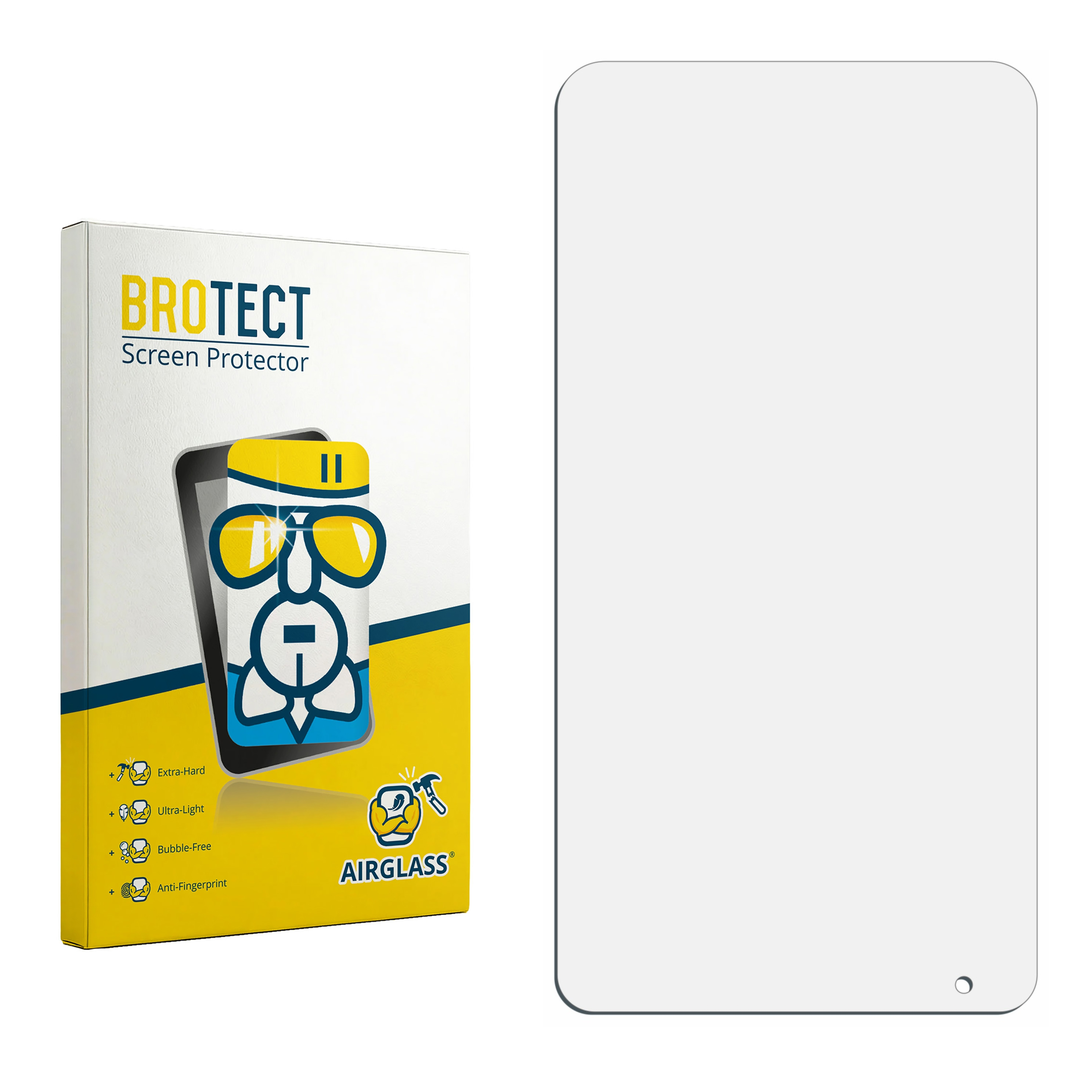 BROTECT Displayschutzfolie und Verpackung mit Icons für Härte, Leichtigkeit, Blasenfreiheit.