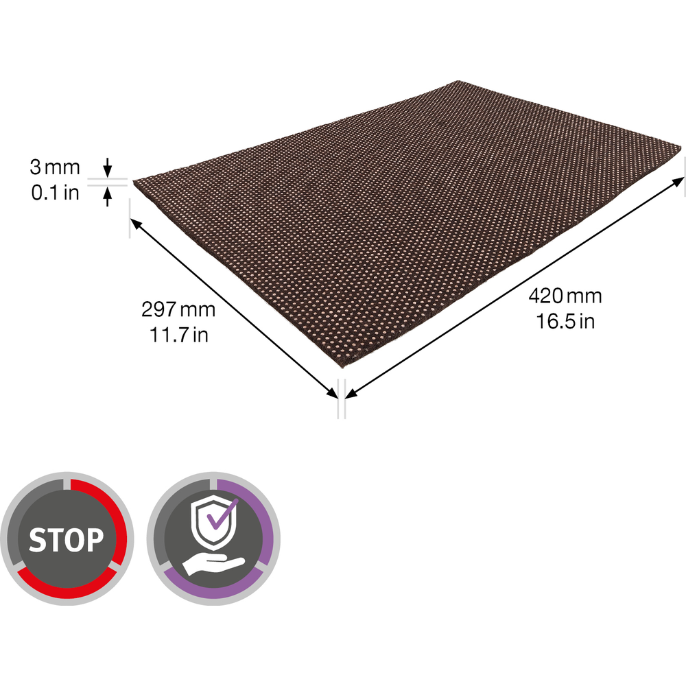 Tapis marron, 29,7x42 cm, 3 mm d'épaisseur, avec points et symboles.