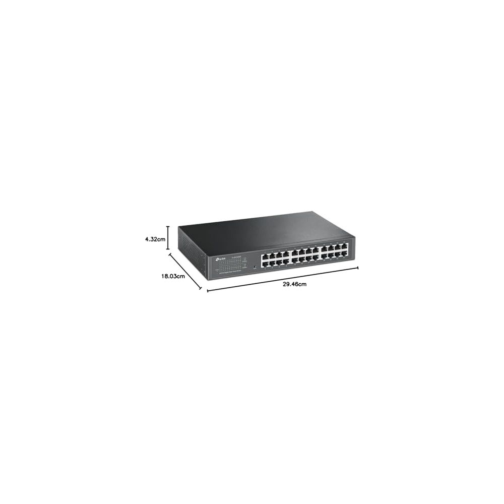 Uno switch di rete nero con 24 porte e dimensioni.