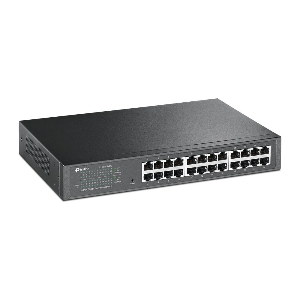 Uno switch TP-Link Gigabit Easy Smart nero a 24 porte con più porte.