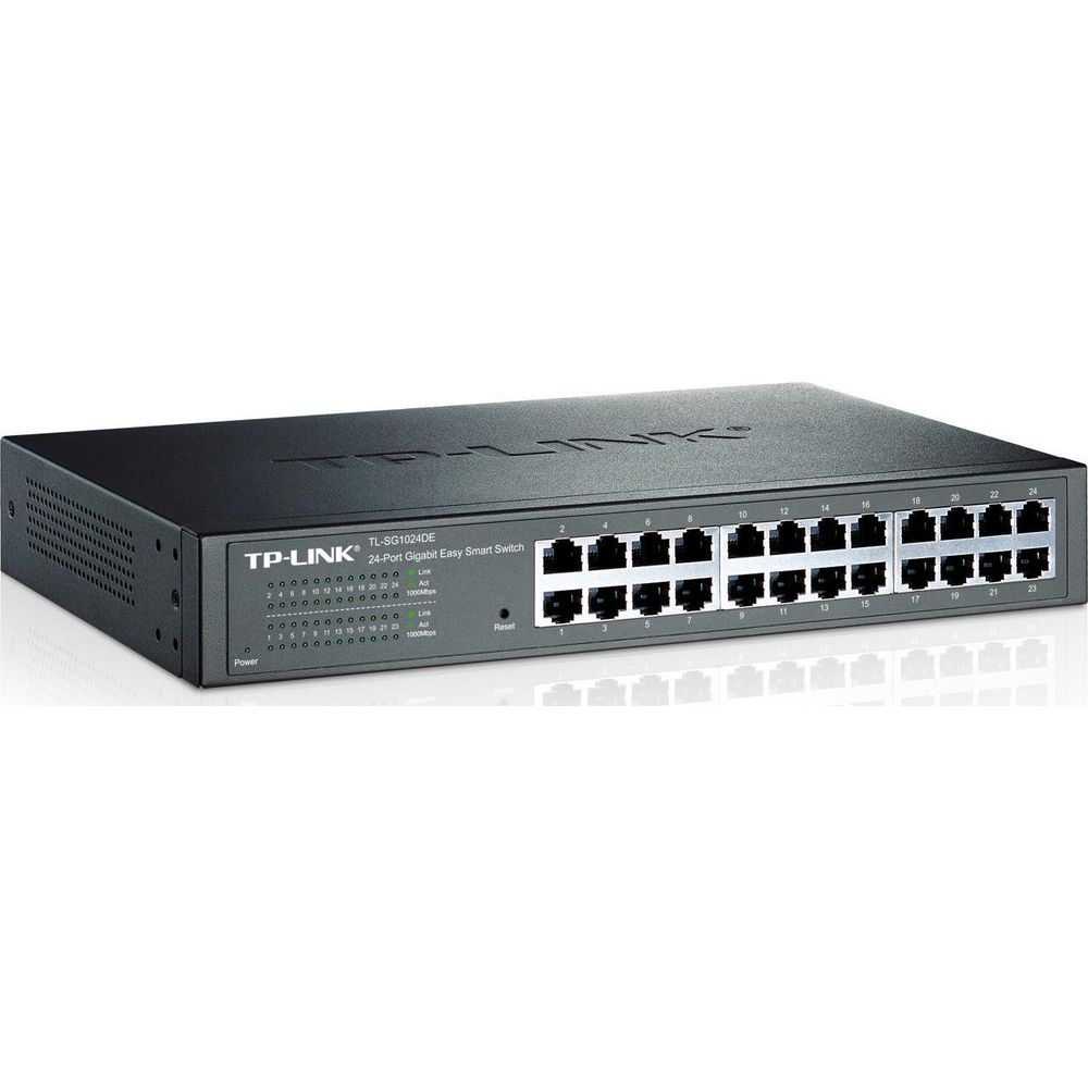 Switch TP-Link Gigabit Easy Smart nero da 24 porte con porte e spie luminose.
