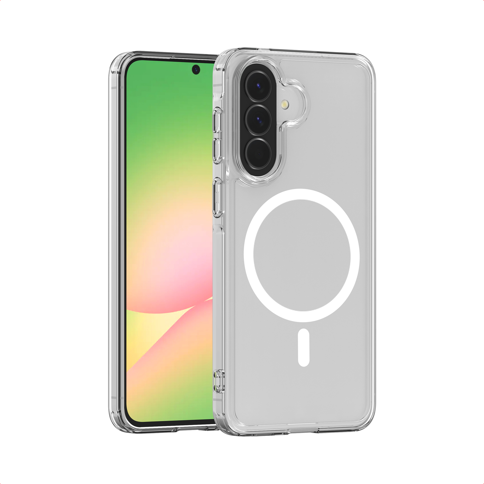 Een doorzichtige telefoonhoes met magneetring en drie camera's.