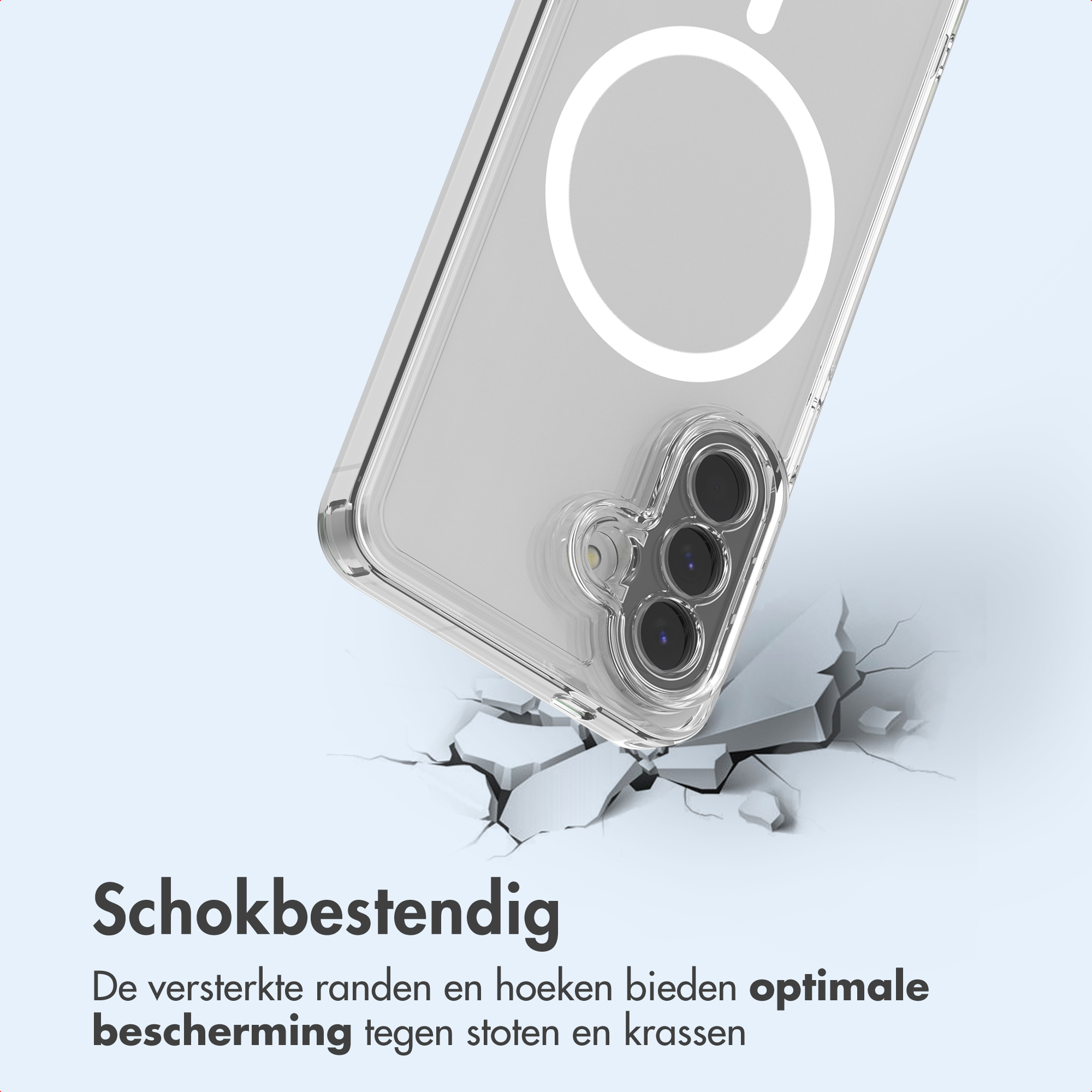 Doorzichtige telefoonhoes met versterkte hoeken, op gebarsten ondergrond.
