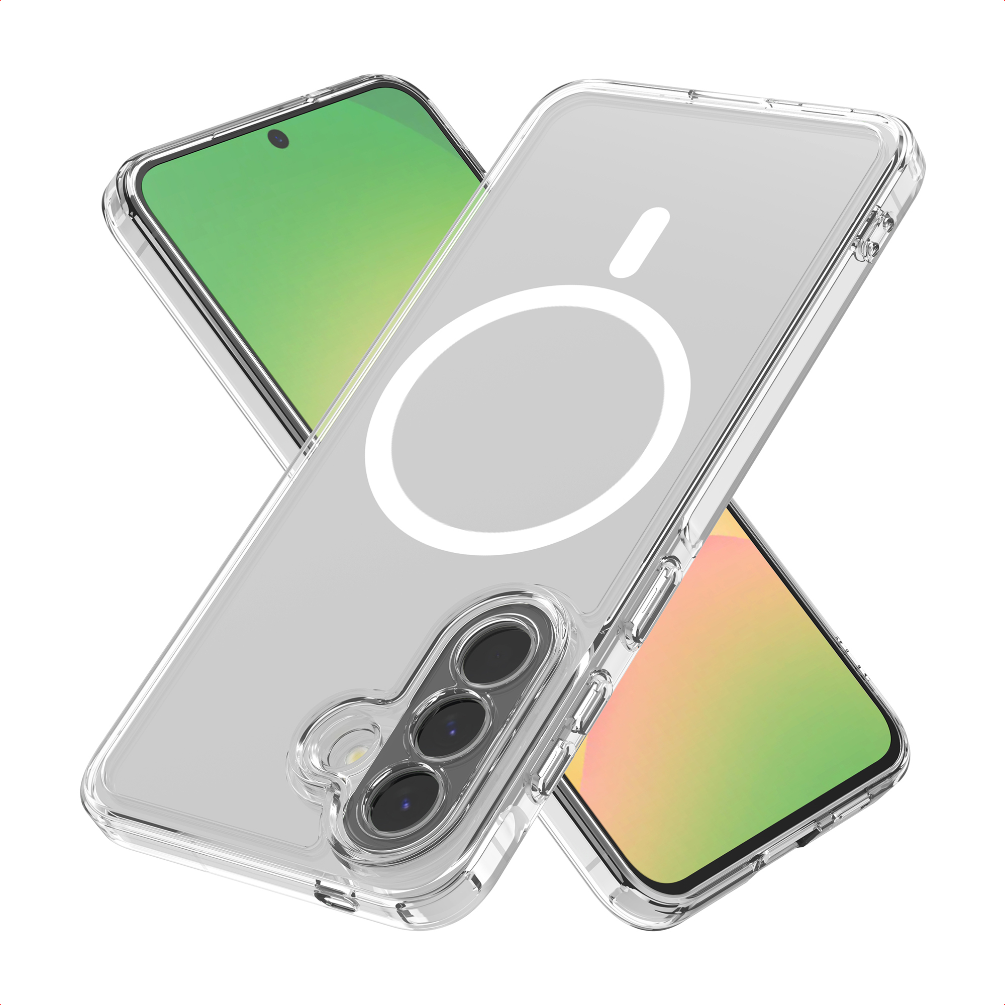 Doorzichtige telefoonhoes met MagSafe-ring en drievoudige camera op een kleurrijk scherm.