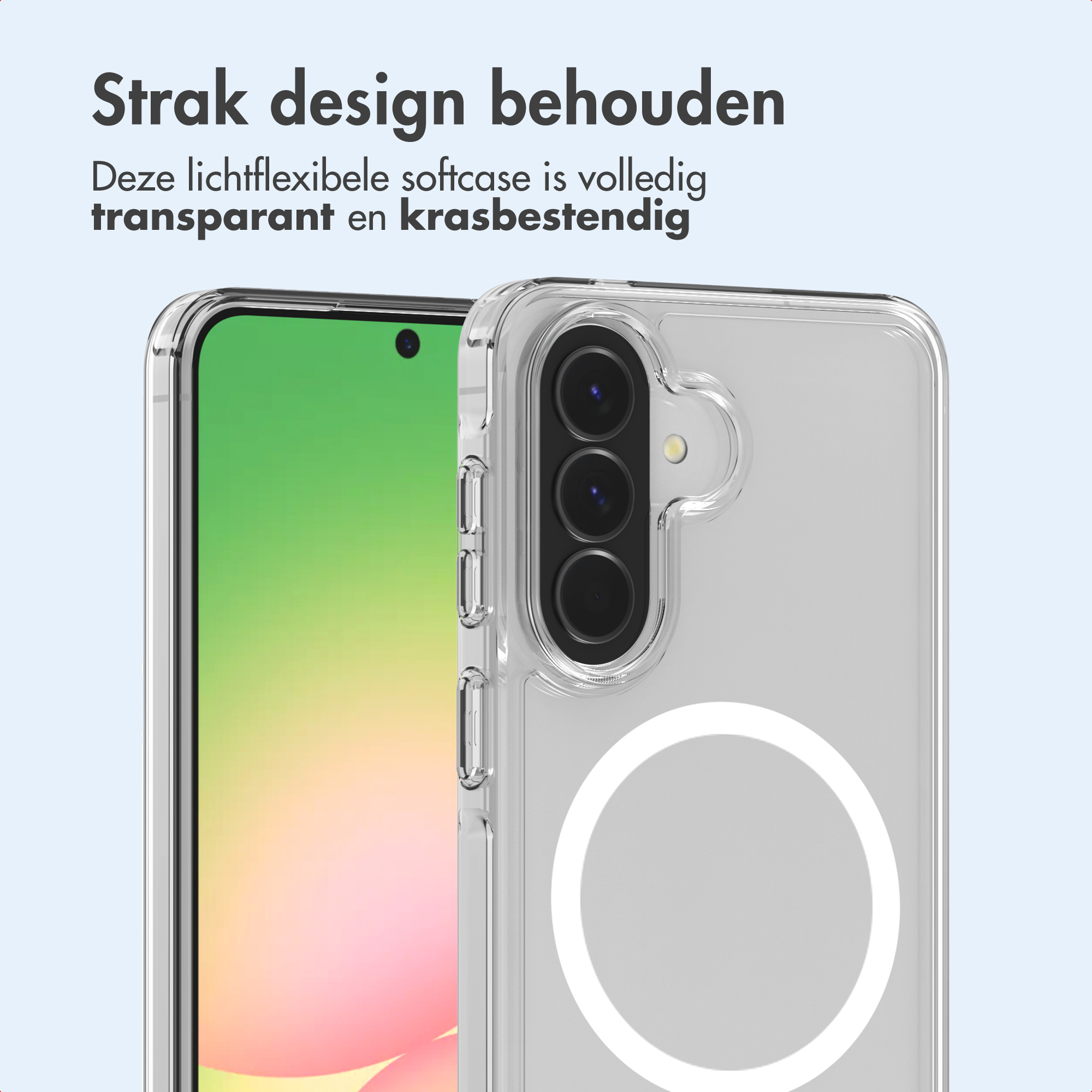 Een doorzichtige telefoonhoes met drie camera's aan de achterkant.