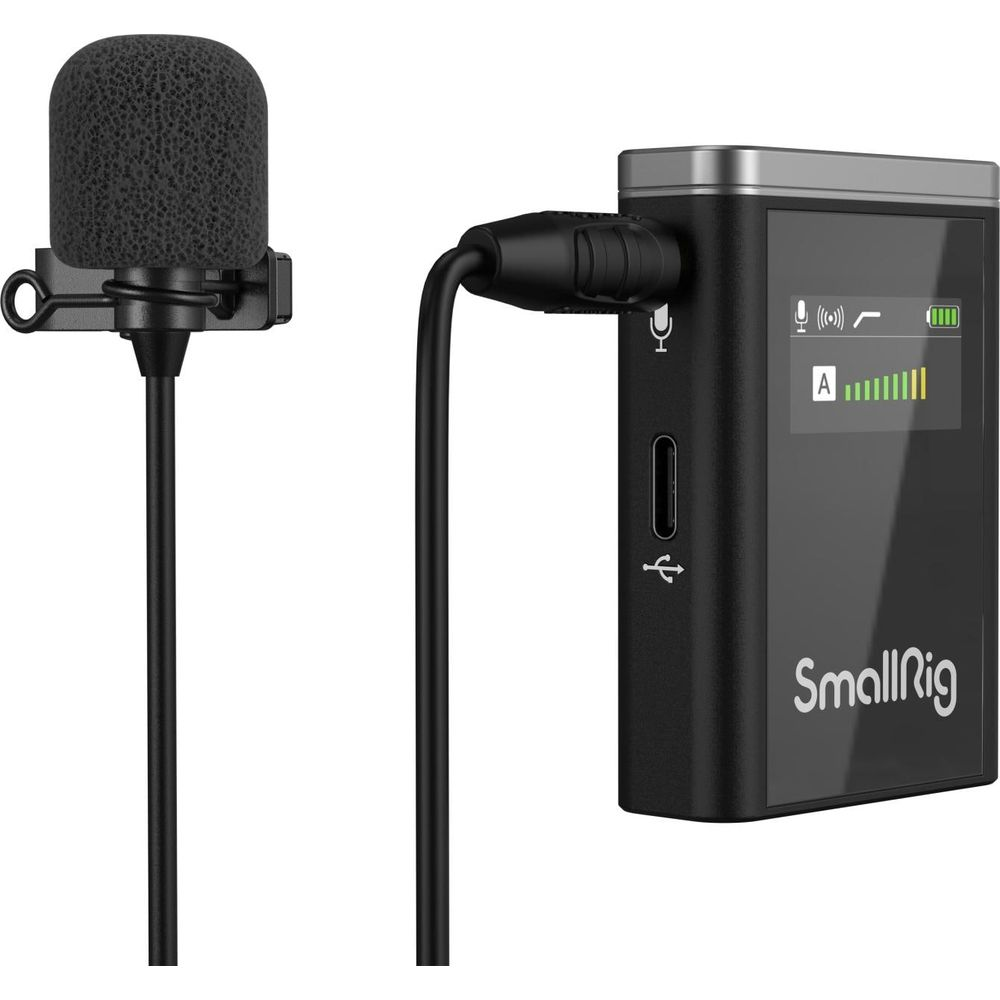 Microphone cravate SmallRig connecté à un récepteur noir avec écran.