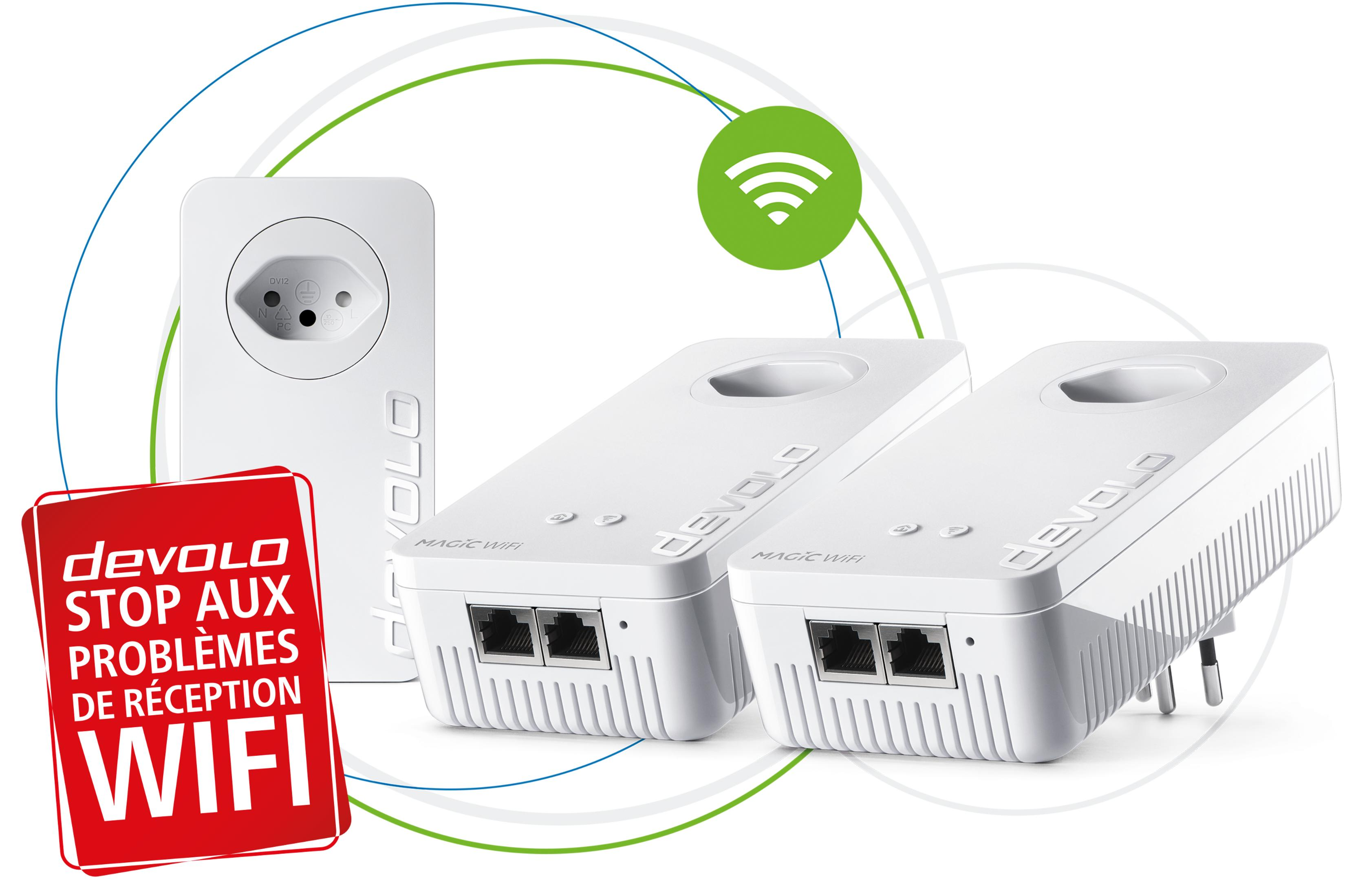 Trois appareils Devolo Magic WiFi blancs avec un panneau rouge pour les problèmes WiFi.