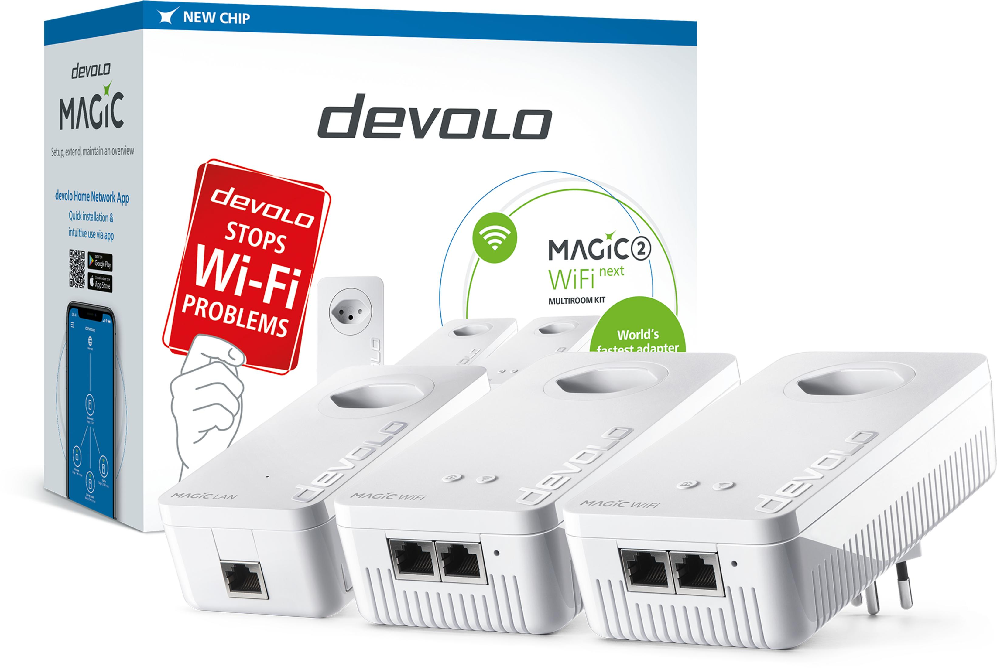 Devolo Magic WiFi Next : Boîte réseau blanche avec trois adaptateurs, une prise et infos app.