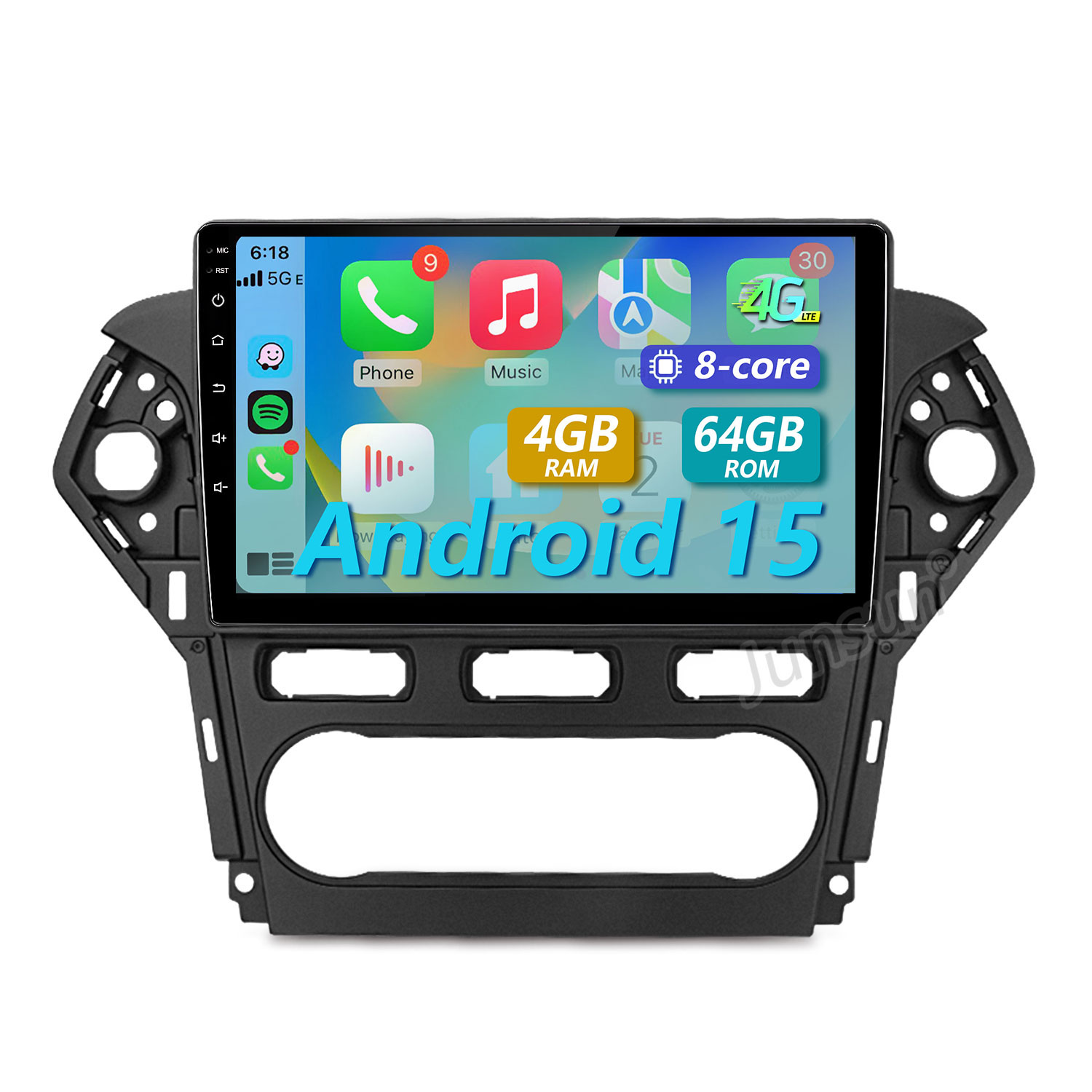 Autoradio-Bildschirm zeigt Android 15, Apps, 4 GB RAM, 64 GB ROM.