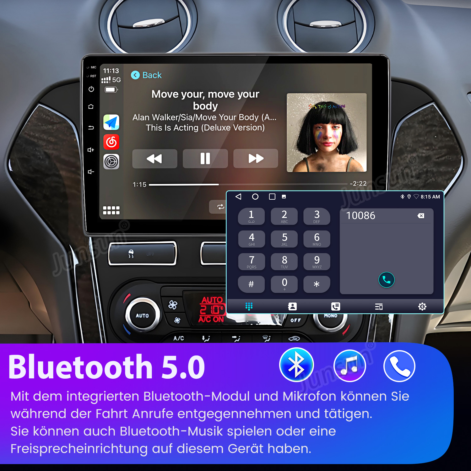 Ein Autoradio zeigt Musik und Telefonfunktionen. Unten steht 'Bluetooth 5.0'.