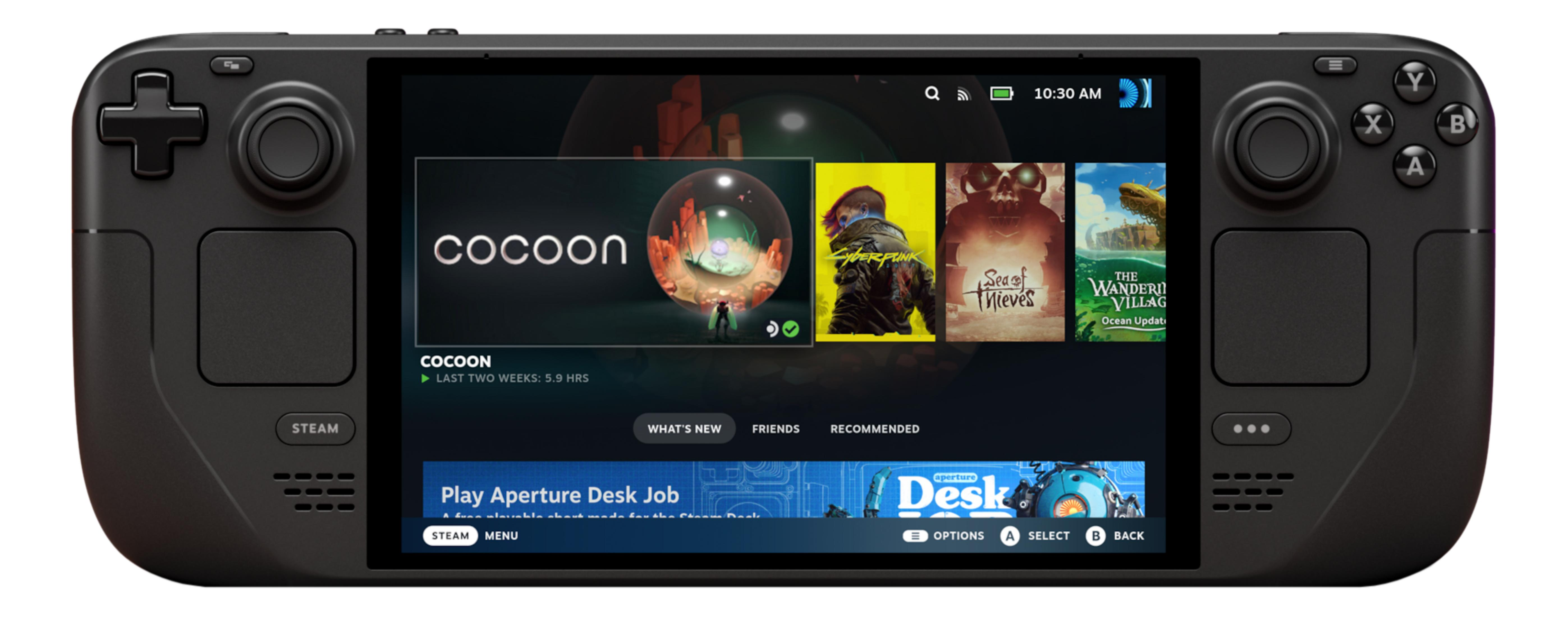 Czarny Steam Deck wyświetla ikony gier. Po lewej 
