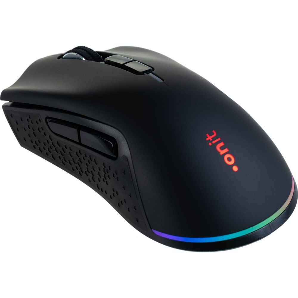 Souris gaming noire avec molette, boutons et éclairage coloré.