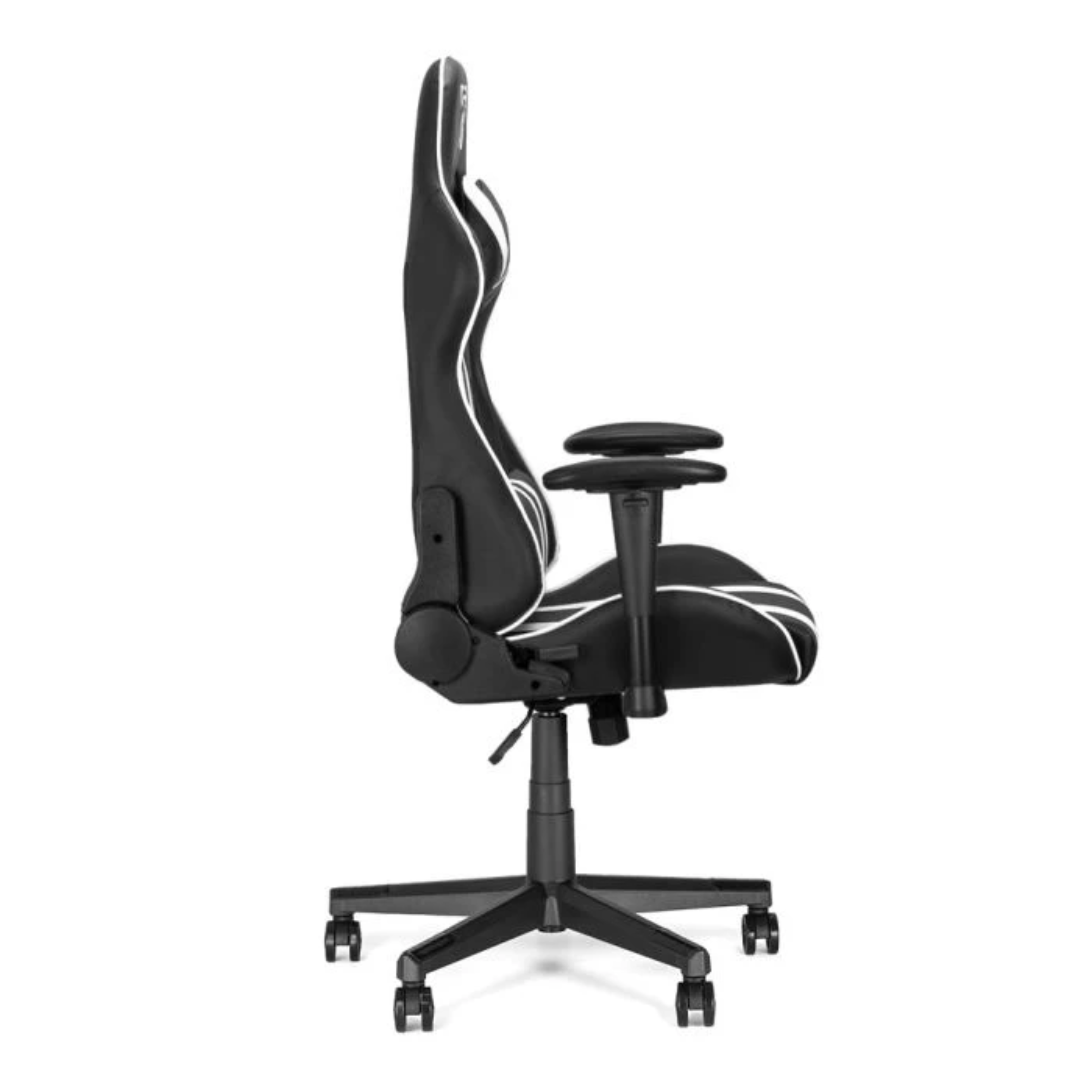 Un fauteuil gamer noir avec des accents blancs, vu de côté.