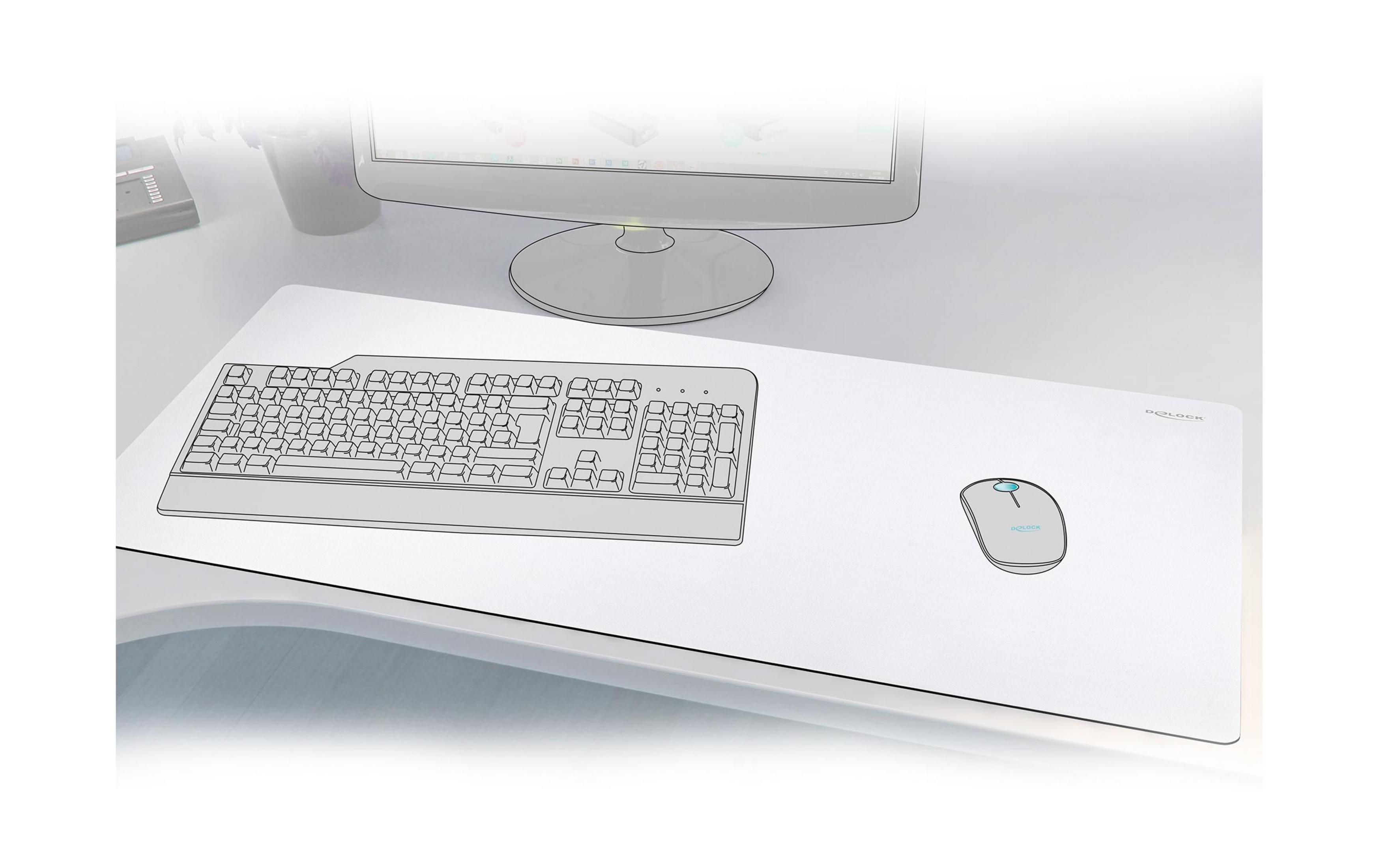 Eine weiße Tastatur und Maus liegen auf einer weißen Unterlage vor einem Computermonitor.