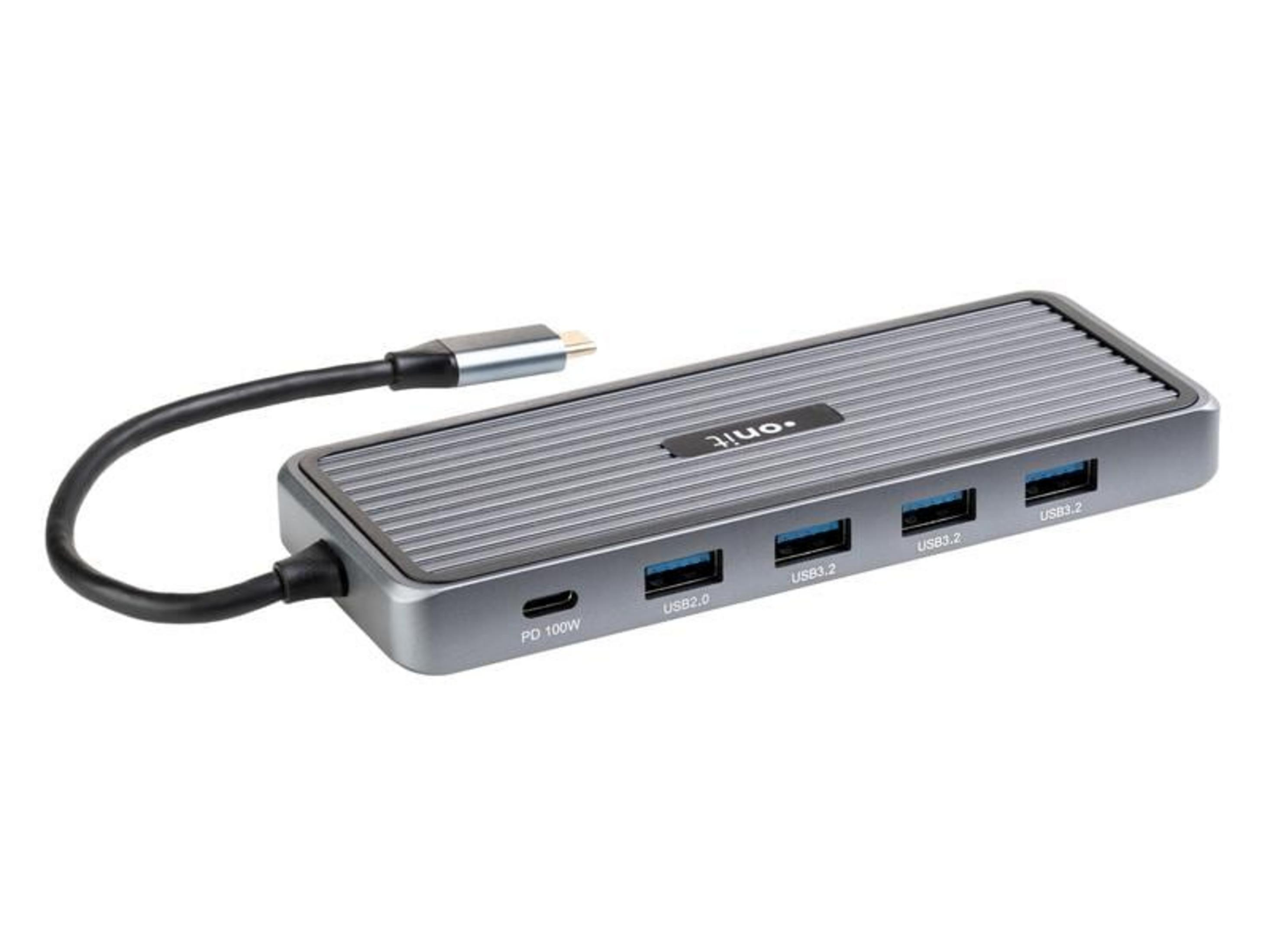Grauer USB-C-Hub mit geriffelter Oberseite, PD 100W, USB 2.0 und USB 3.2 Anschlüssen.